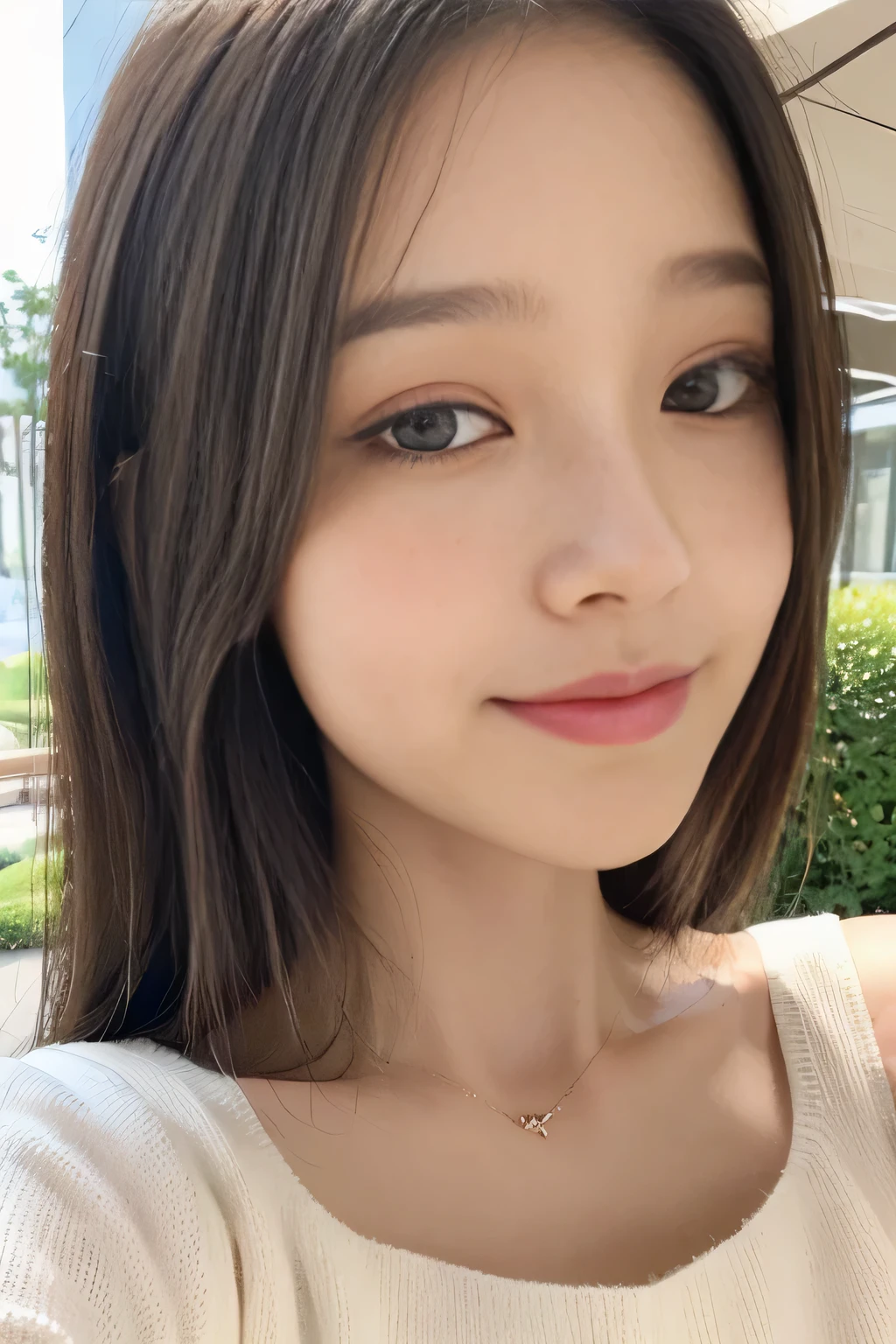 ((highest quality, 8K, masterpiece:1.3)), concentrated:1.2, Perfect body beauty:1.4, Hips:1.2, ((Delicate Hair)), (Brightly colored V-neck drop-shoulder sweater dress、 :1.1) , ((highest quality、8K、masterpiece:1.3))、1 Girl、A sloppy smile、Esbian all over、Slim face、Big 、Beautiful woman、(Dark Brown Hair)、Flickering Valley、Detailed eyes、double eyelid、Blurred Background、超Slim face、Looking down、garden、