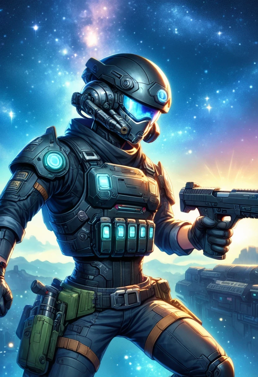 Cyberpunk cowboy in interstellar tavern,Futuristic starry sky background,Alien Technology,Mechanical Cowboy