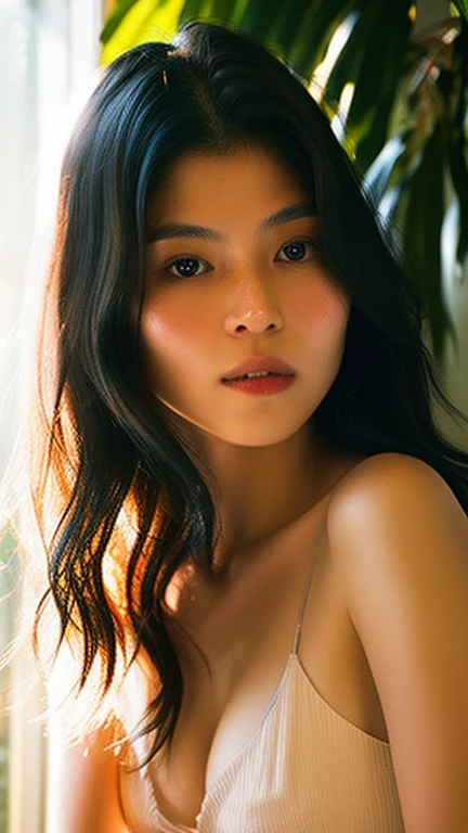 {top-quality}, {{​masterpiece}}, {extremely delicate and beautiful},Outstanding light and shadow, highly detailed wallpaper,Clear and bright sunlight,1girl in,lightly、gaze looking beyond,red blush,Strong sunshine,delicate and messy  short hair,realistic skin textures, Pronounced pores and skin wrinkles,tropical rainforest,((strong light shines on the face)), full body, naked portrait, nude photography, armpit, shiny nipple 