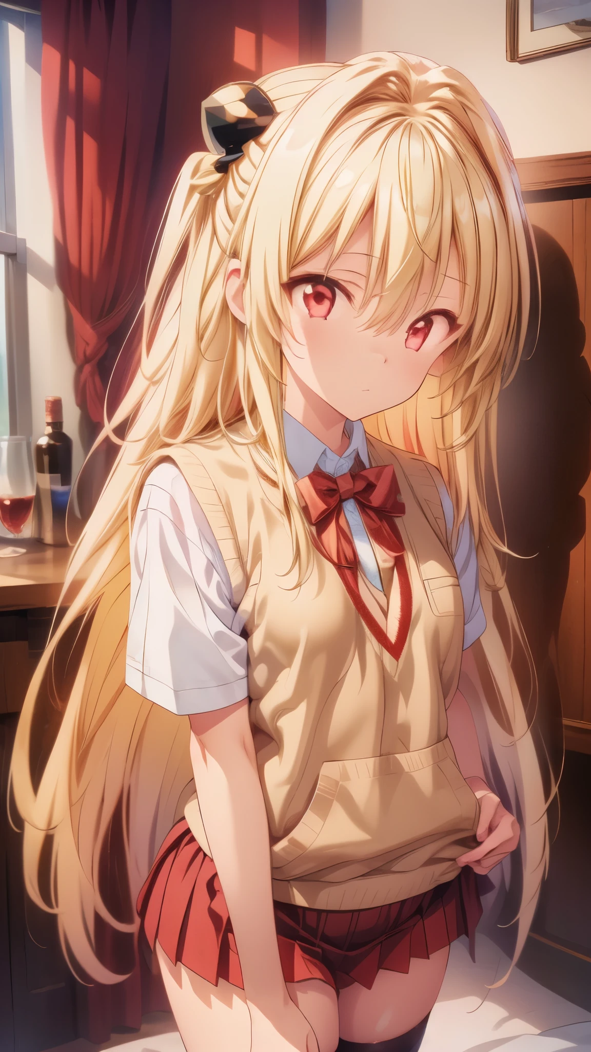 toloverumy, my, Blonde Hair, Long Hair, (Red eyes:1.5), hair ornaments, (Small box:1.2), break lingerie, break indoors, bed, break looking at viewer, break (masterpiece:1.2), highest quality, High resolution, unity 8k wallpaper, (figure:0.8), (Detailed and beautiful eyes:1.6), Highly detailed face, Perfect lighting, Extremely detailed CG, (Perfect hands, Perfect Anatomy),