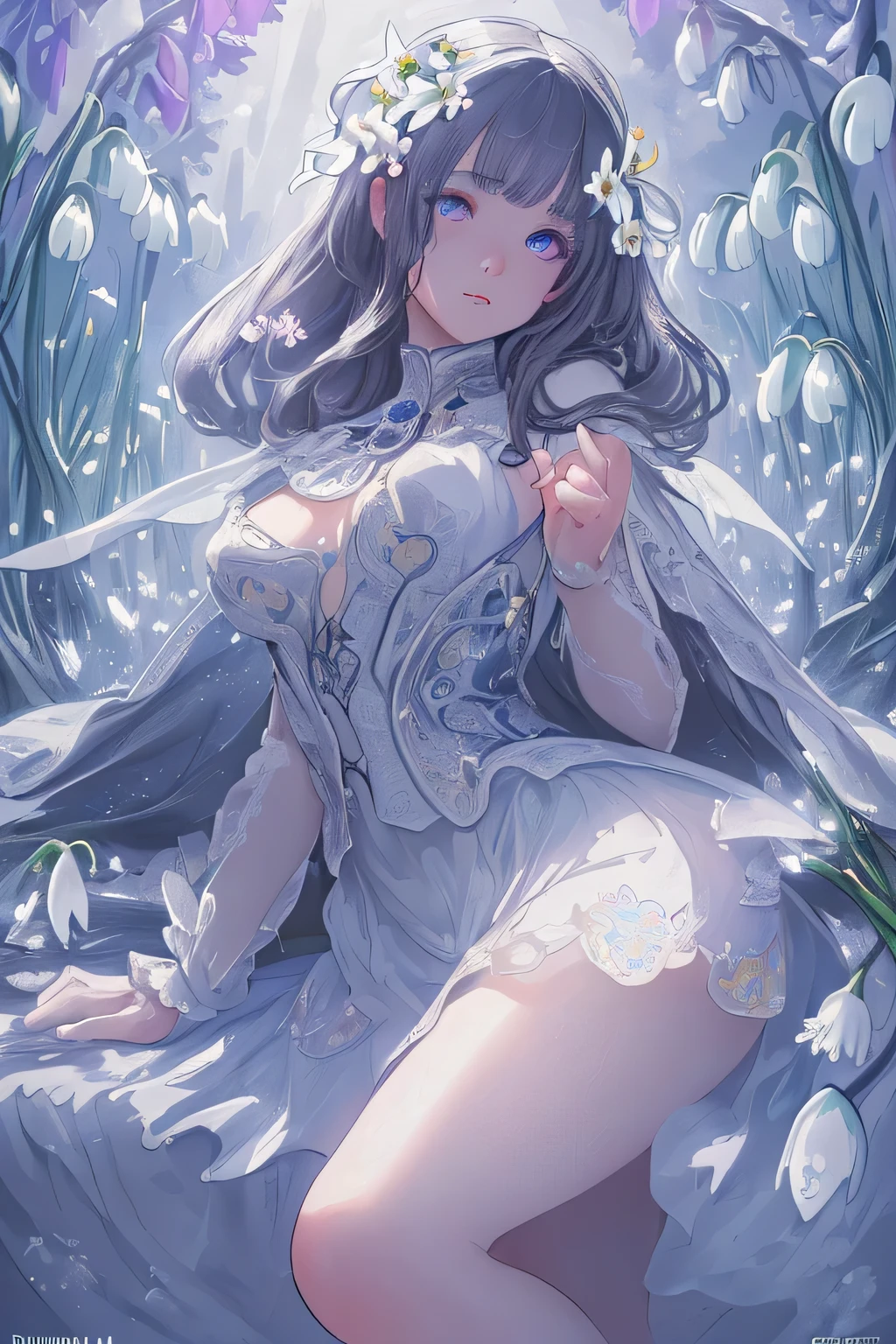 ((masterpiece, highest quality)), High resolution, 8k, Cinematic Light, High Contrast, Depth of written boundary, Strong brilliance, Detailed Background, One girl, cute, Detailed eyes, eyes shine, Detailed Iris, Snowdrops(flower)With the motif