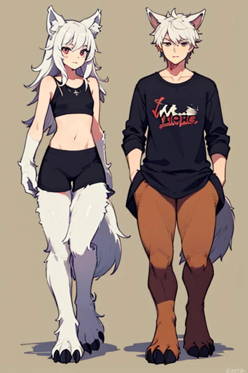 wolf girl、adult、2 Men Arms、Four wolf legs、quadrupedal walking、delicate、Delicate face、wolf ears、Silvery white hair and body hair、Flat chest、T-Shirts、(exposure of the abdomen)、Sharp Eye、Ultra HD