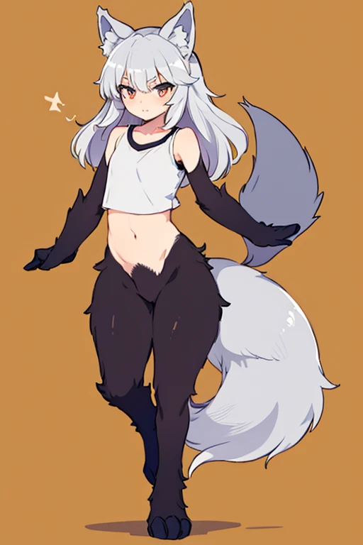 wolf girl、adult、2 Men Arms、Four wolf legs、quadrupedal walking、delicate、Delicate face、wolf ears、Silvery white hair and body hair、Flat chest、T-Shirts、(exposure of the abdomen)、Sharp Eye、Ultra HD