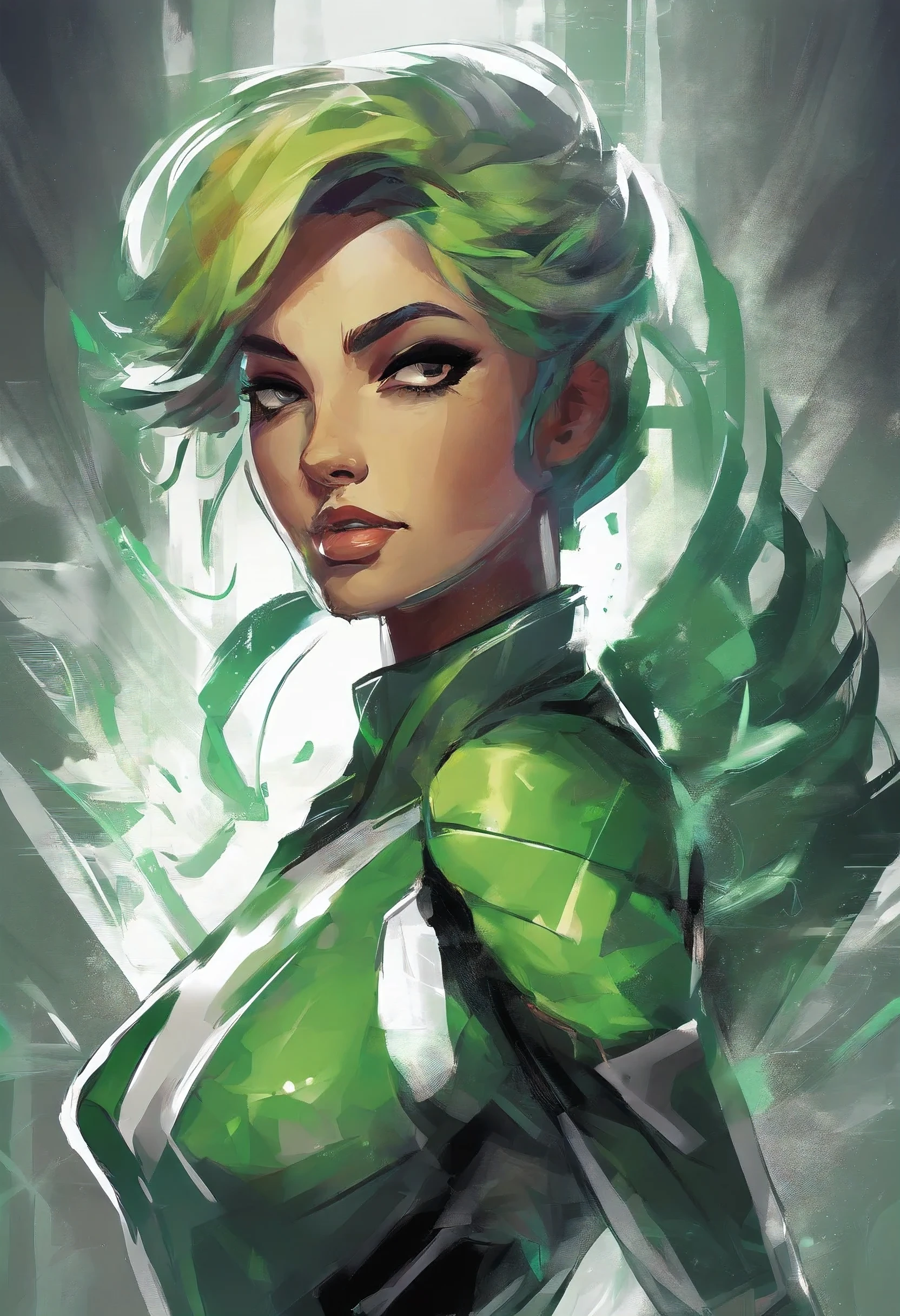 chica ciberpunk, superhero pose, peinado moderno e innovador, (mejor calidad, 8k Obra maestra: 1.3), cuerpo completo, pelo color verde y blanco, hermosa mujer joven, realista, ojos rojos, elegante, amable, Energetic, alegre, creativo, chica seductora, sonrisa encantadora, Iluminaciones
