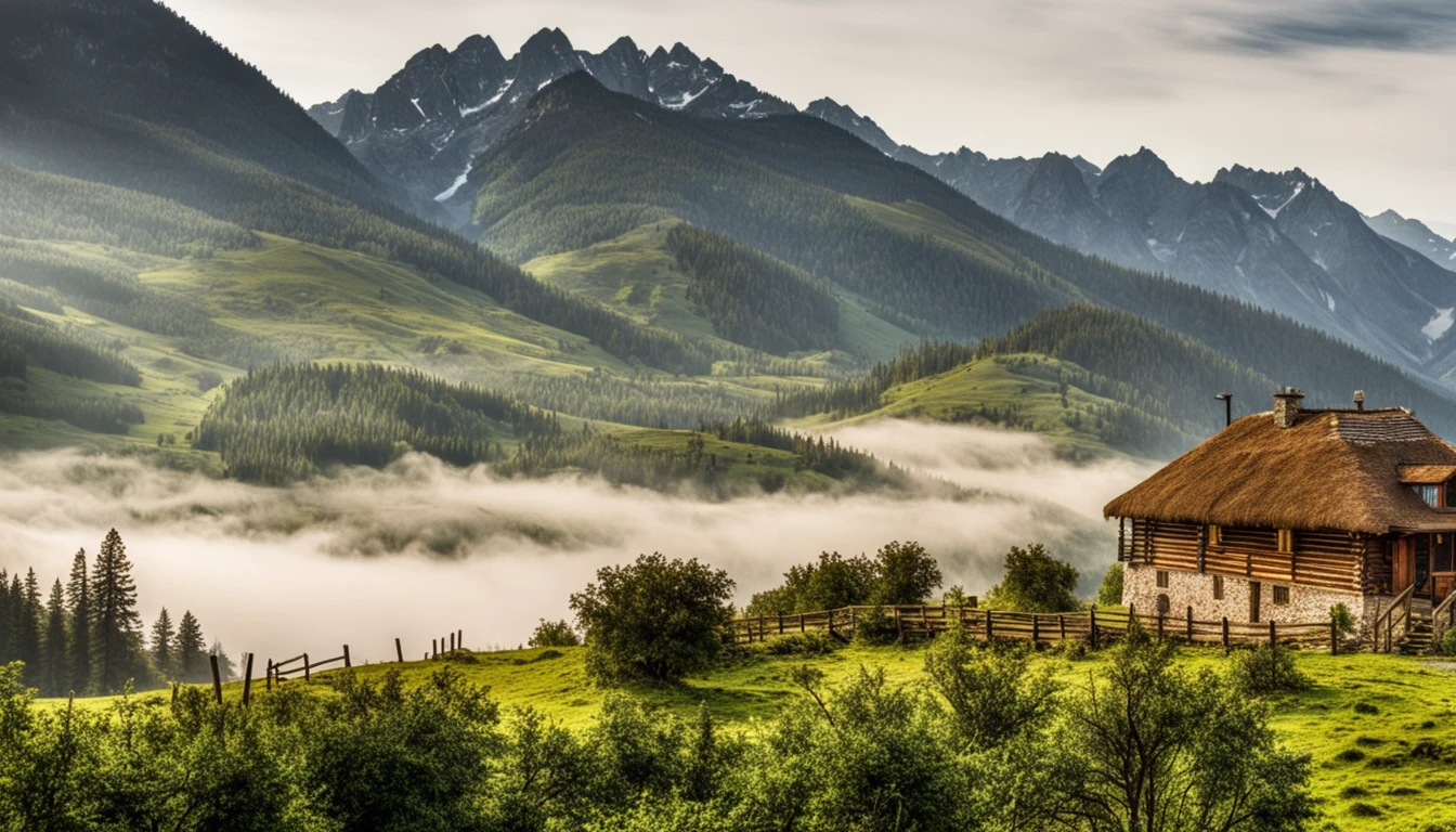 amazing, masterpiece, detailed, super detailed, clear, breathtaking, work of art, realistic, realistic, cozy, highest quality , 8K, sharp, HDR, UHD , art photography art, cinema style, best quality, majestic mountains, a wooden house in the mountains, grasslands, majestic waterfalls, rivers, morning dew drops, dawn light, budding small flowers bloom, gentle breeze