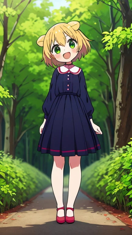 (highest quality), 1 Girl, :d, Head tilt,((Dark Forest:1.6)),(((Full Body:1.3))),(((((Cute clothes))))),Short Hair,Blonde,Green Eyes,