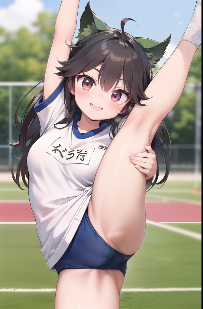 (((((whole body)))))、Utsuho, This is a very cute gym uniform 、smile,、Cowboy Shot、 standing split、