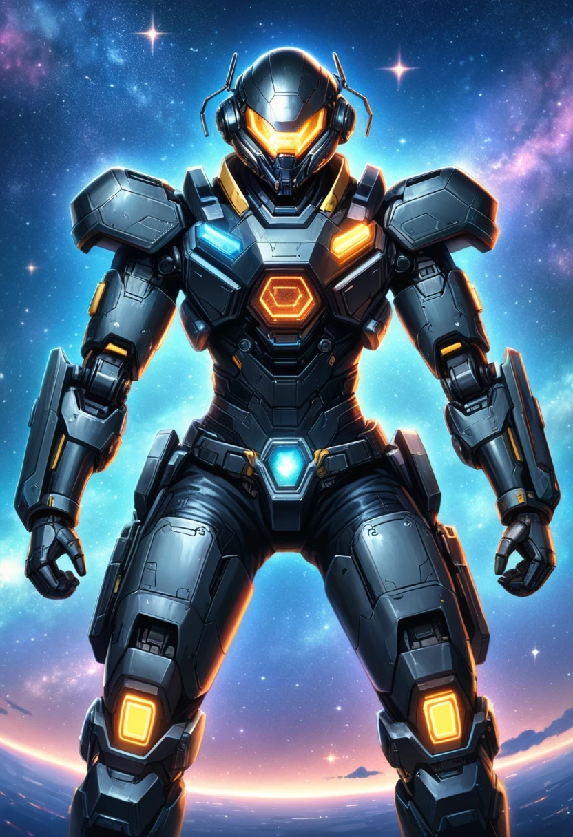 Cyberpunk cowboy in interstellar tavern,Futuristic starry sky background,Alien Technology,Mechanical Cowboy