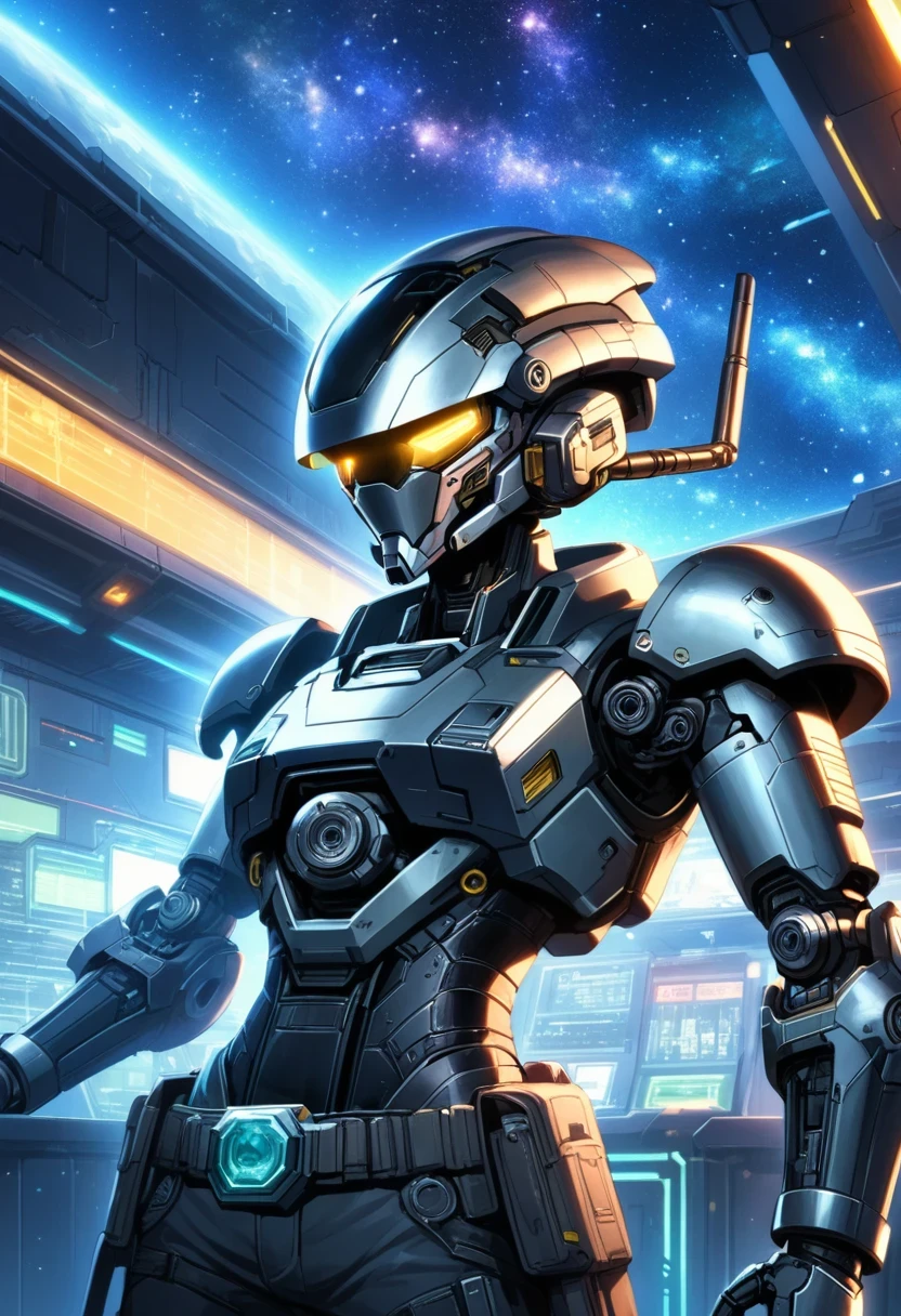 Cyberpunk cowboy in interstellar tavern,Futuristic starry sky background,Alien Technology,Mechanical Cowboy