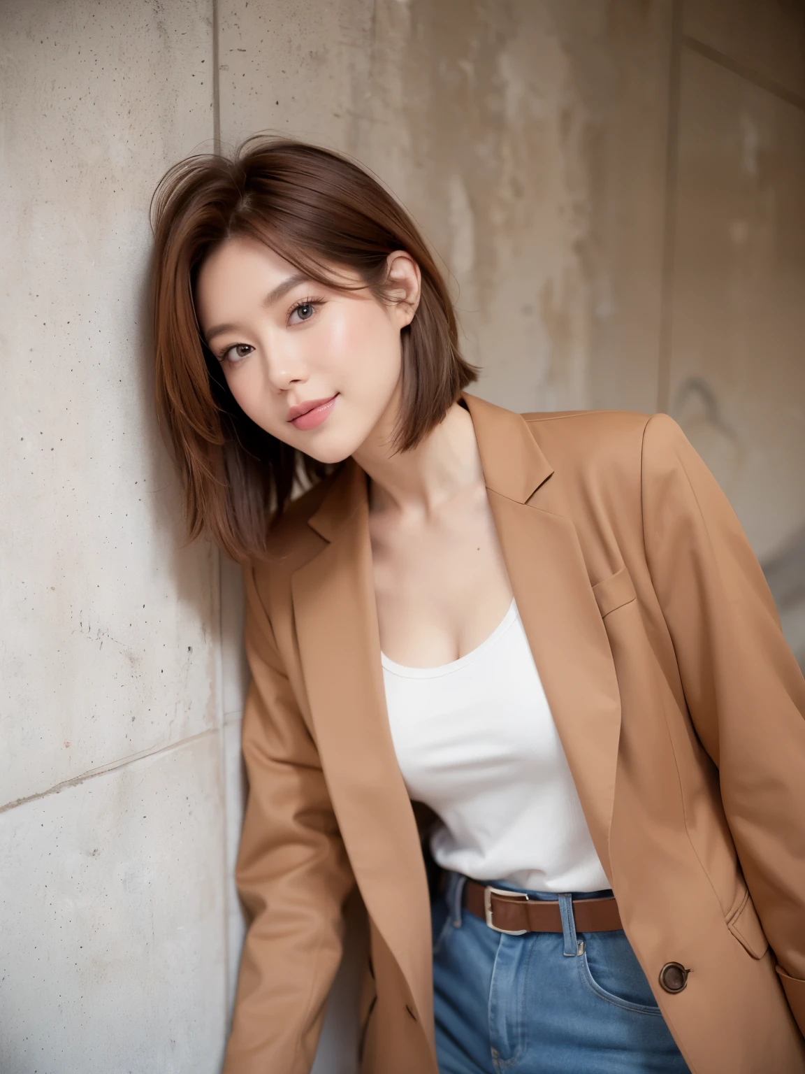 highest quality, 1 beautiful woman, 28 years old, s, 35mm lens,, Cowboy Shot, concrete background、Mortar style background、Reddish-brown hair color、Cross your arms、tailored jacket、Mortar wall,From below、Straight hair、Straight hair、Shiny Hair,Silky Hair、ear to ear smile,"Reddish-brown hair color"、Pixie Cut,Pixie Cut、Korean Style,Concrete wall