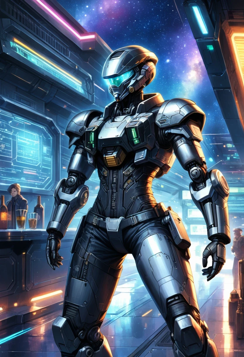 Cyberpunk cowboy in interstellar tavern,Futuristic starry sky background,Alien Technology,Mechanical Cowboy