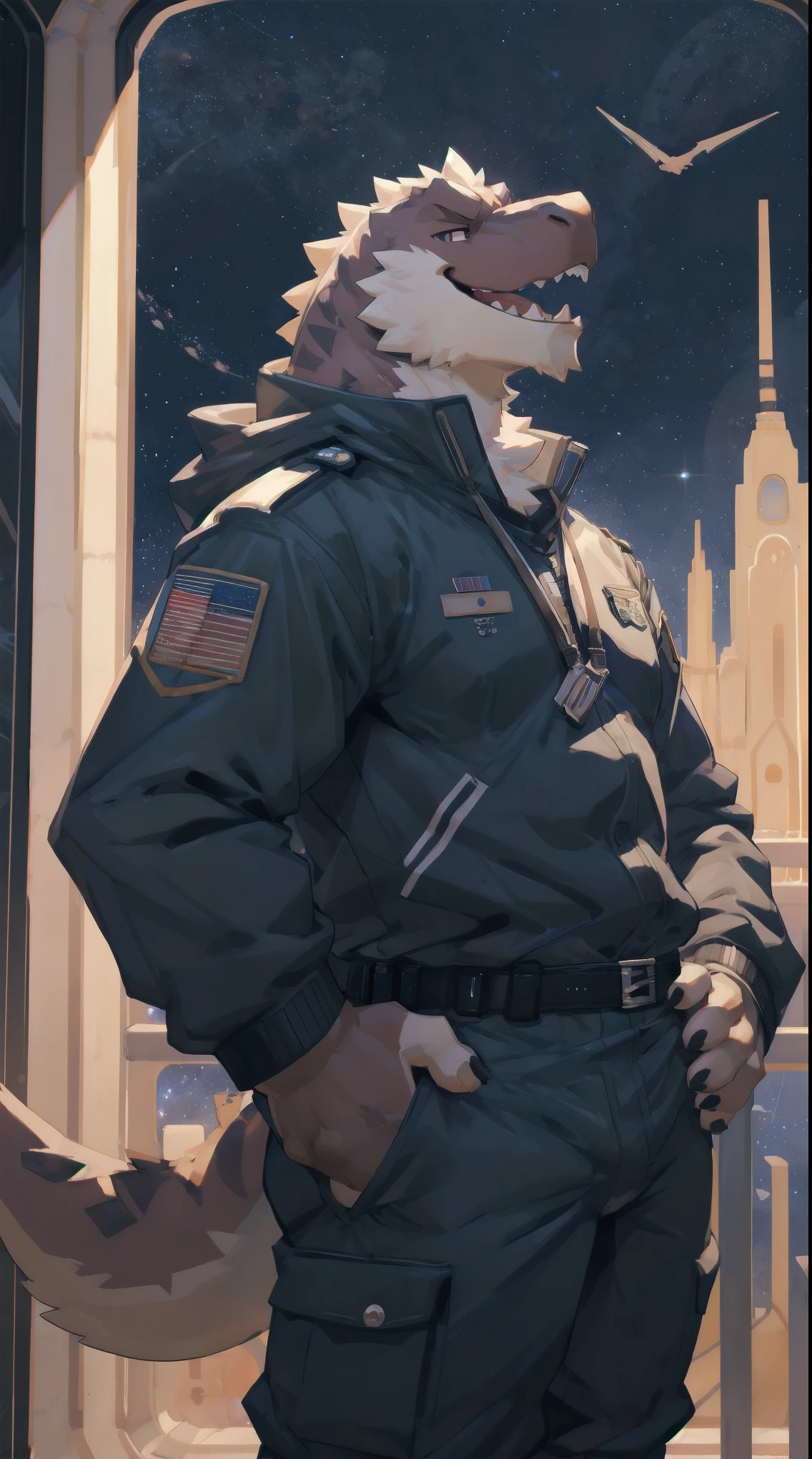Solo, male, hands on hips, pulling pants down, by bigcozyorca, by goonie-san, by bebebebebe, by spikedmauler, facing viewer, black, black tyrannosaurus, bushy tail, buff, spacesuit, space observation deck background, open mouth, detailed mouth, tongue hanging out, drooling, smirking, seductive smile, lustful grin,