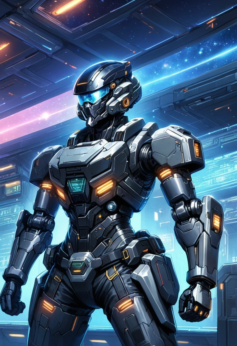 Cyberpunk cowboy in interstellar tavern,Futuristic starry sky background,Alien Technology,Mechanical Cowboy