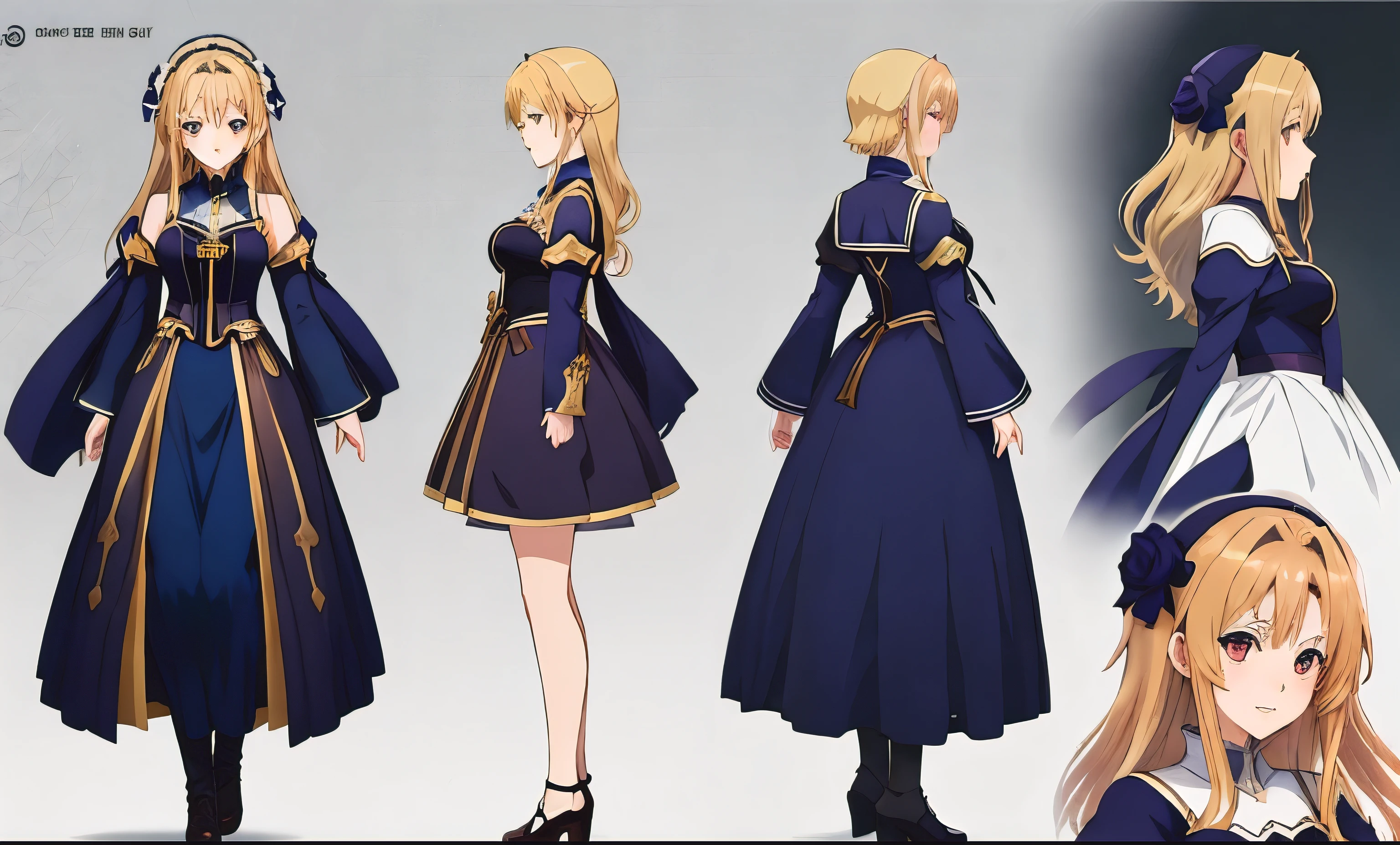 With long blonde hair and a blue dress、Anime character holding a white and gold umbrella, As Yuuki, star, gold and white cloak, Anime Goddess, blonde anime girl with long hair, Lucy Anime Girl, Close-up photo, asuna from star, very long white cloak, Anime Cover, Wearing a long royal robe, cloth banners, yu - no,Original character sheet, Pose reference, The same character drawn from a different angle, in 6 poses. 8k,high quality, High resolution, 4K, hd,(Well designed face), Great face, (Very detailed), Beautiful Eyes, All images must be full body, A total of 3 images are required, One person should come forward, Back and side view, Use manga style, All photos must be of the same girl, All sizes required