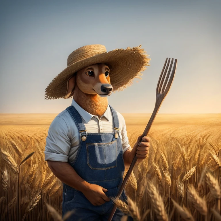 (ultra detailed), a beautiful and realistic full-size portrait of a humanoid Patobo wearing a farmer's outfit, vast fields of wheat stretching out in the background, furry style,
Detailed eyes with long lashes framing them, nose and mouth subtly captured, textured farmer's hat resting on the Patobo's head, patchwork overalls, large, calloused hands holding a pitchfork, expressive ears standing tall on the head, large, broad shoulders, muscular build, fur Covering the entire body, individual hairs meticulously rendered, fields of wheat swaying gently in the wind as a backdrop, zoomed-in focus on the