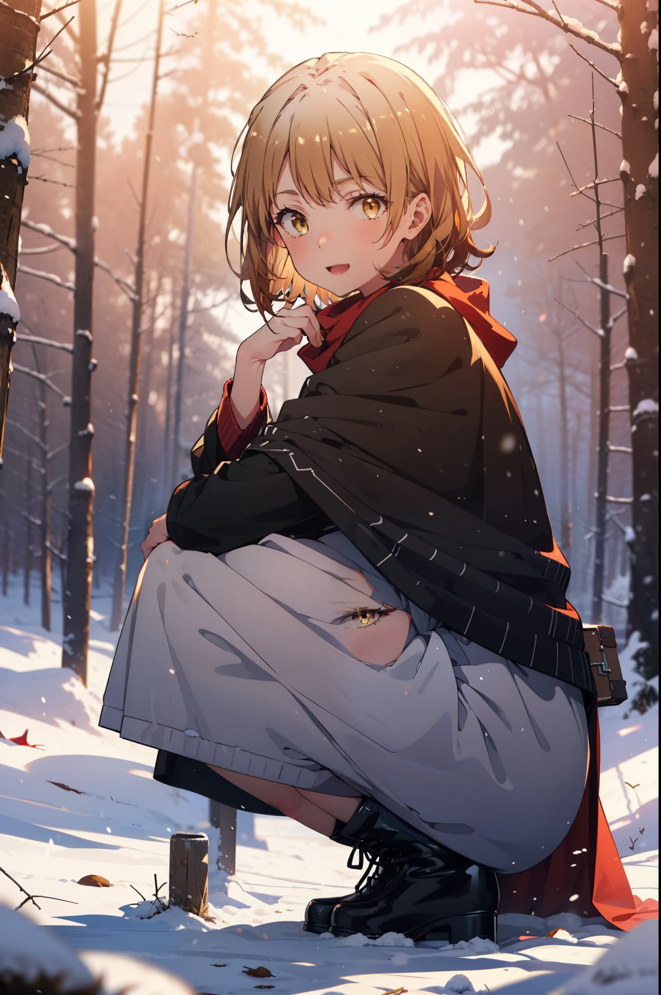 irohaisshiki, iroha isshiki, short hair, brown hair, (Brown eyes:1.5), smile,
Open your mouth,snow, fire, Outdoor, boots, snowing, From the side, wood, suitcase, Cape, Blurred, Food up, forest, White handbags, nature, Squat, Mouth closed, フードed Cape, winter, Written boundary depth, Black shoes, red Cape break looking at viewer, Upper Body, whole body, break Outdoor, forest, nature, break (masterpiece:1.2), highest quality, High resolution, unity 8k wallpaper, (shape:0.8), (Fine and beautiful eyes:1.6), Highly detailed face, Perfect lighting, Highly detailed CG, (Perfect hands, Perfect Anatomy),