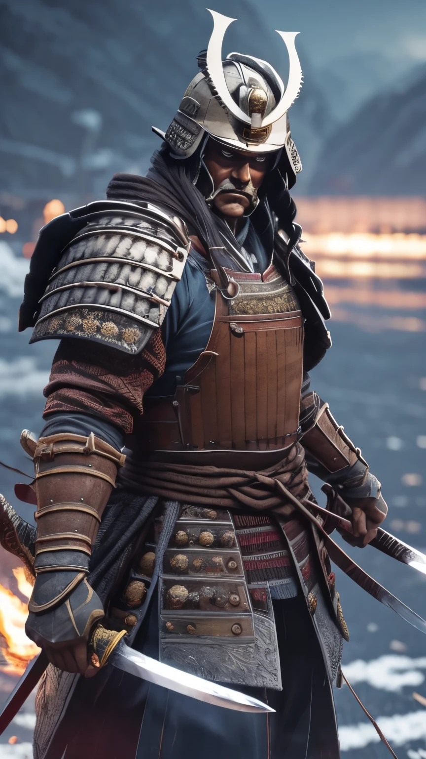 high resolution、scary face、Devilish face、Strong pose、snowy night、has a long sword、All-white armor、In the background is a high wall、White steam rises from the body、delicate、photograph、Actual item、high resolution、8k、high resolution