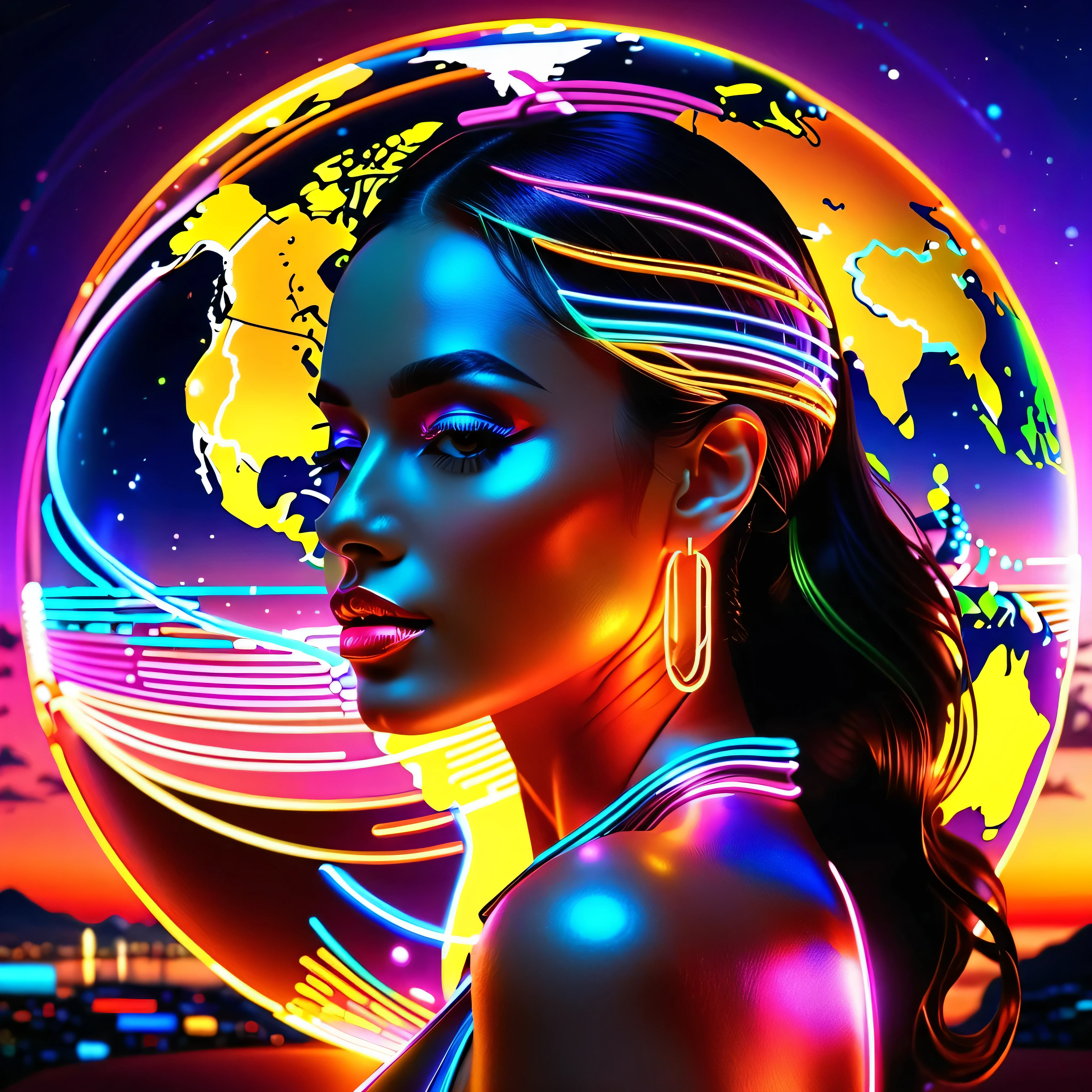 sunset spacious sunrise panoramic background, fashion portrait color photograph woman Diva, neon lights holography, draw in neon colors ((earth World)): Earth Globe : ((floating)), transparent, Three dimensions, light, SF, Digital art, Digital, scientific, dark background: electronic circuit: draw in neon colors, 3D, masterpiece, Digital space, energy, beautiful, masterpiece, 32K, light, be familiar with, lively, colorful, nice, beautiful, rich colors, beautiful Light Lines. magic effect, Sparkling, beautiful Light Grains. --v 6 --s 1000 --c 20 --q 5 --chaos 100