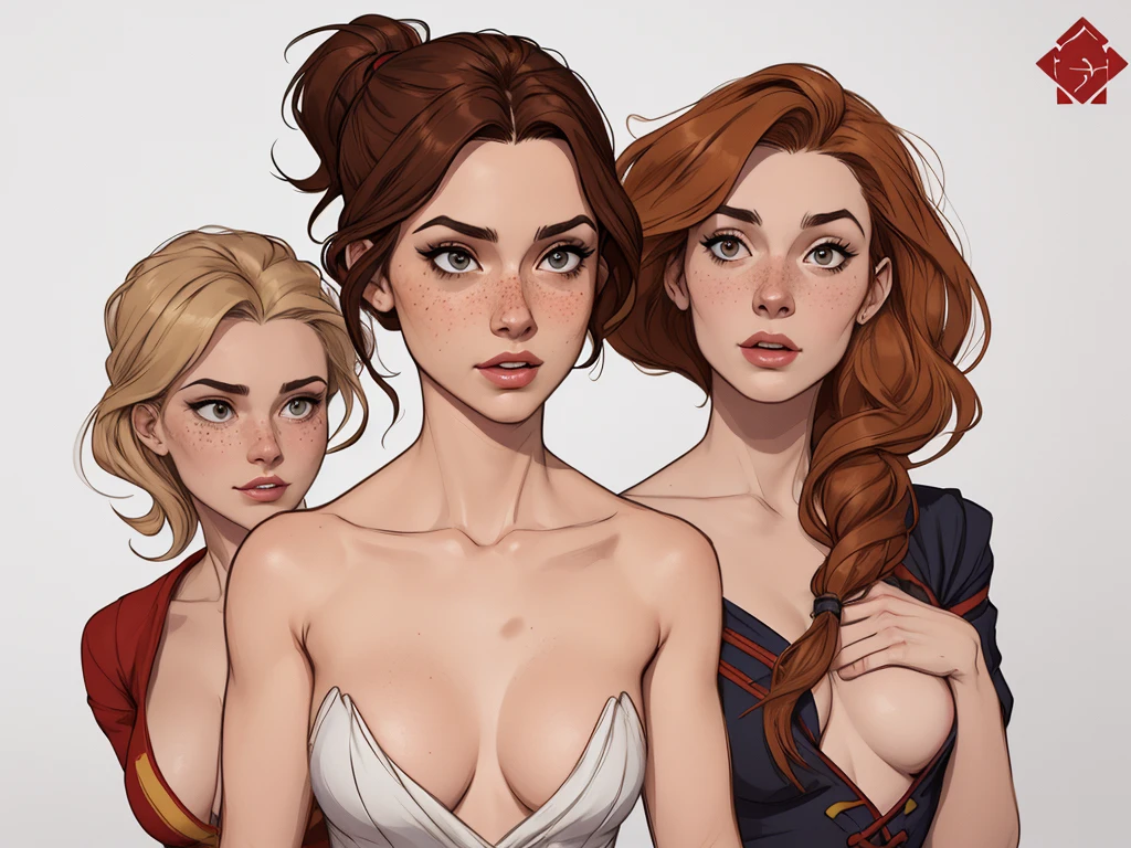 Character style illustration style Completely bare breasts showing a little fear Breast size Cartoon name: Isabella Cruz white background medium breasts freckled face Hermione Granger actress strong contours Physical description - long straight hair, tingidos de um marrom vibrante que contrasta com sua pele clara. - You reflect a mix of curiosity and determination. - Ela tem uma estatura alta, with a slender and agile figure, evidenciando sua agilidade e destreza. -fundo colorido Design de personagens de retrato, beautiful digital illustration, retrato de alta qualidade, Arte em quadrinhos, Corpo inteiro sensualizando ou pelada. folha de retorno. return sheet member of the day outfits hell day expression love wearing Gryffindor outfits