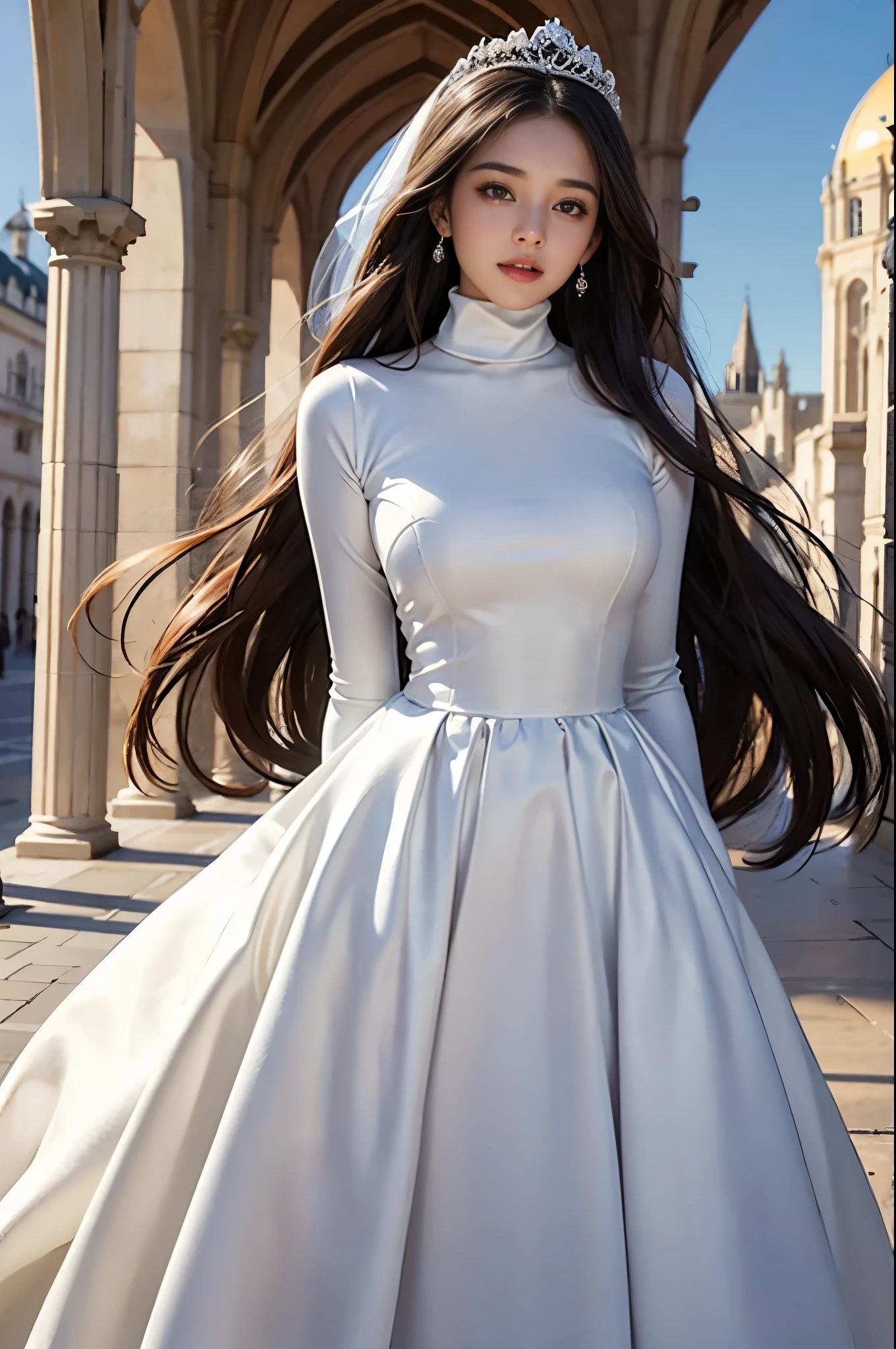 best quality, masterpiece, 1 girl, huge laugh, cute teen, shiny lips, sweet, sun glare, Conservative attire, turtleneck wedding dress, Bridal tiara, depth of field, blurred background, Cathedral Background, light particles, strong wind, long hair, head tilt