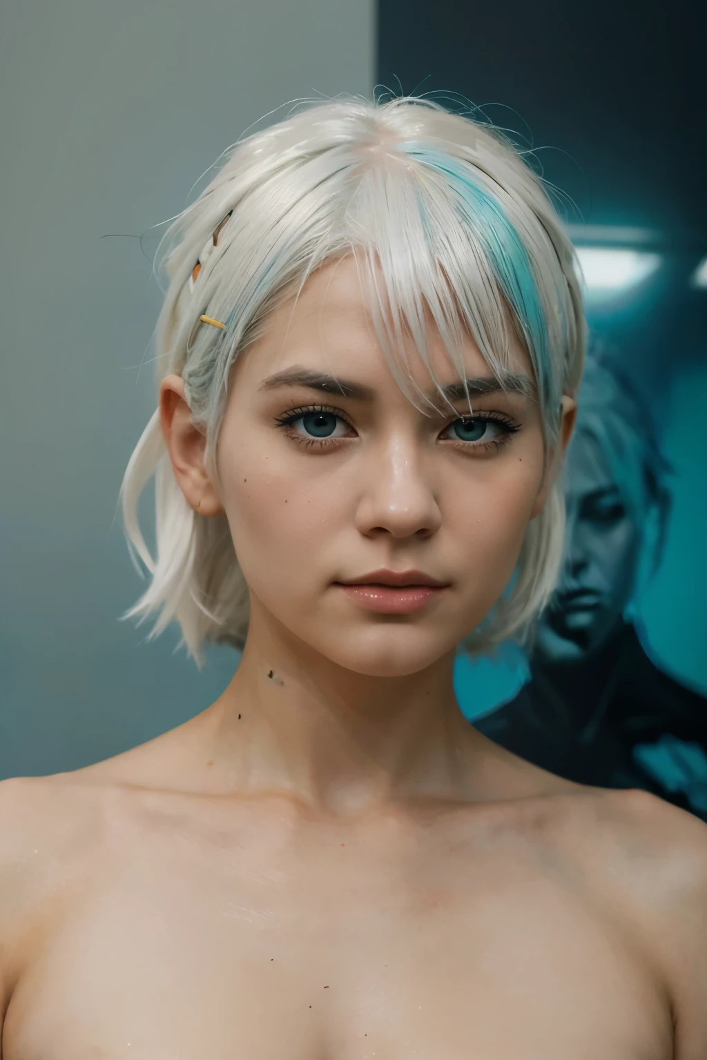 an image of a girl with white hair, in the style of ross tran, light teal and dark orange, guido van helten, close-up shots, comic art, realistic marine paintings, animated gifs —ar 71:128 —stylize 750 —v 6