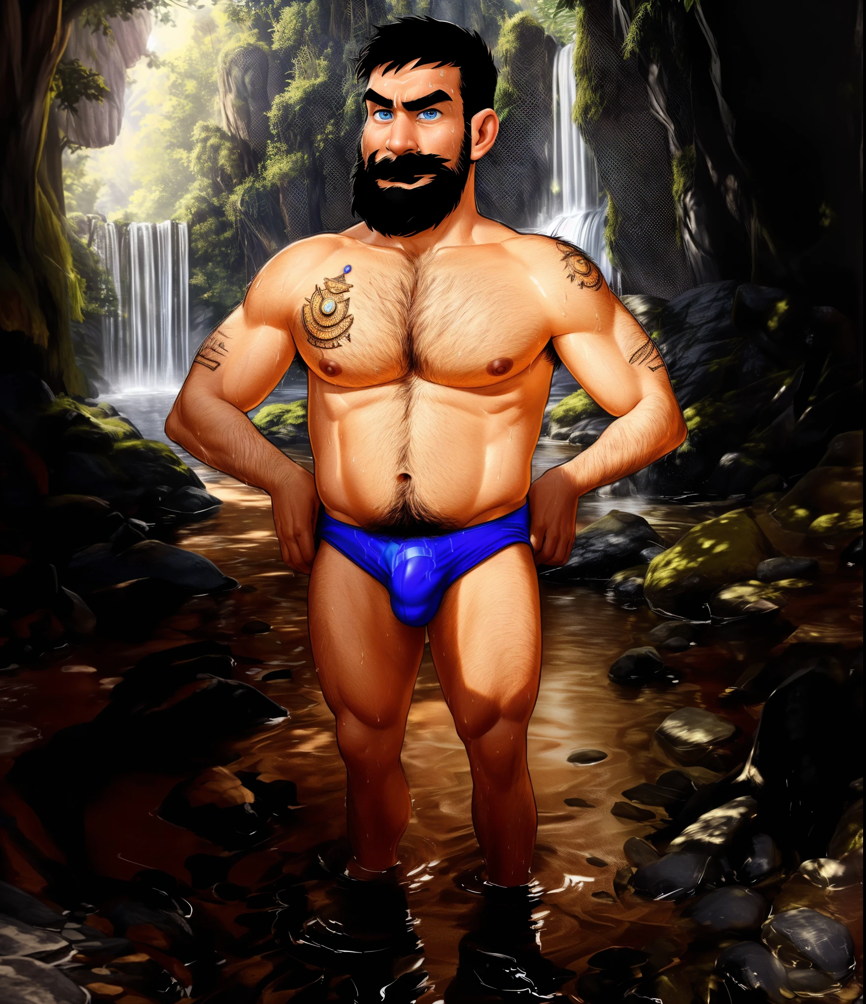 Captain haddock, (pose:Full Body Shot), (posing:Full Body Shot), (soft shading), (((4k, hi res, Ray tracing))), ((((extreme detailed sweat drops, glistening, glistening body))), (((five fingers, detailed hands))), ((detailed face, (detailed eyes:1.0), detailed)), by zackarry911, by zaush, (by personalami:0.5), looking at viewer, (((horny and annoyed))), (((old and wise))),shirtless, 1boy, (((Highly detailed jewelry))), standing, closed mouth,(((bathing,ashamed))),(((Beard,body hair, nude, thick chest hair, beard, tuft, chest tuft, arm tuft))),(((muscular, dad bod))) ,male focus, white hair, (((naked, nude))), nature, rough, (((blue men underwear))),puffy nipples, (((extreme detailed eyes))), // ((short human penis)),(((Detailed penis bulge)))