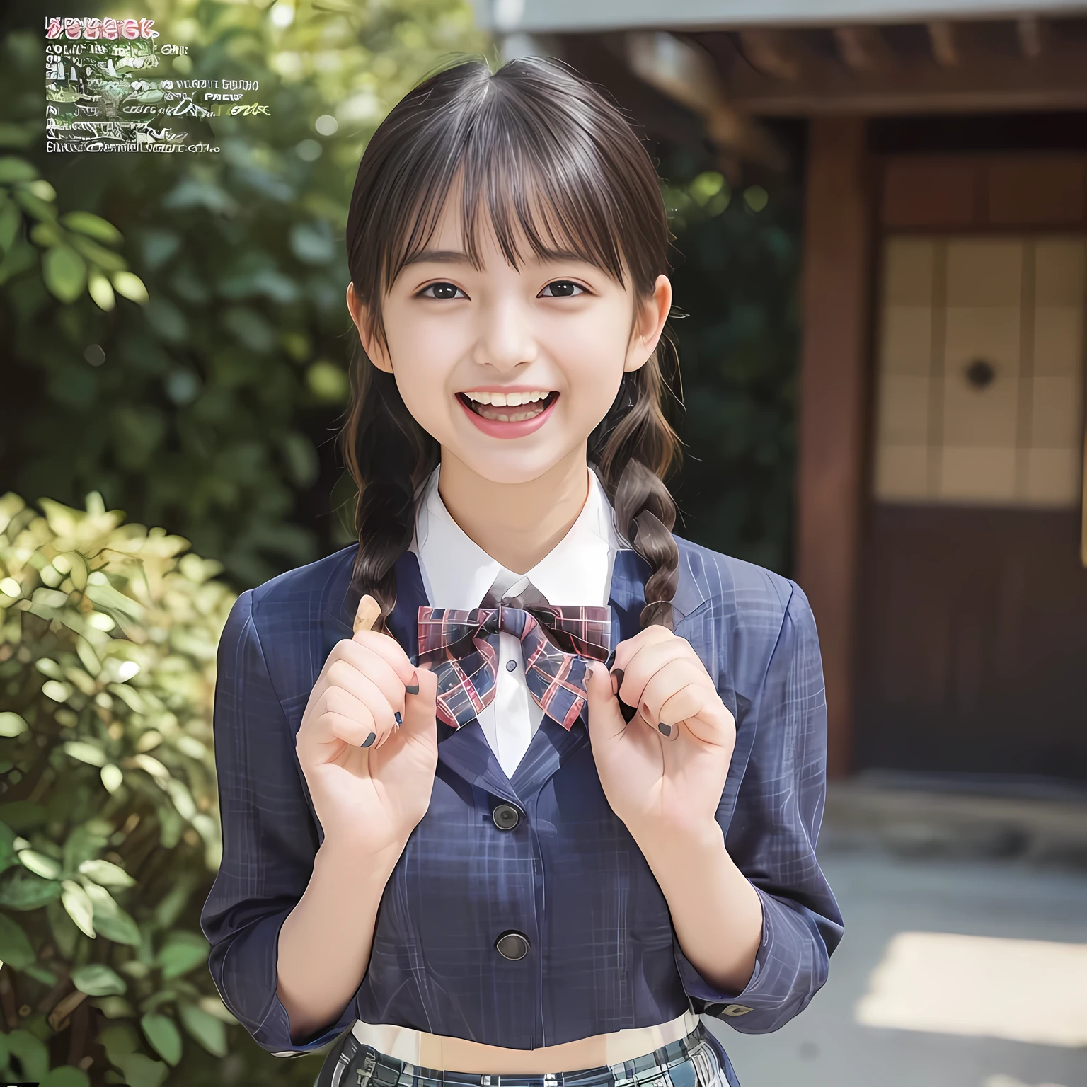 (highest quality、masterpiece:1.2)、highest quality、Realistic、photograph、High resolution、1080p、8K、The face is especially pale., Physical Rendering、((Height: 155cm)), one Japanese girl、((((((Siren, a 15-year-old beautiful Japanese magazine fashion model, is trying to grab the viewer with both hands and play a prank on him.)))))), Beautiful fashion model wearing , (((big very detailed beautiful dark brown eyes))), ((blue girly large wine-red glossy polyester Japanese school ribbon bow tie)), (((black very beautiful and very very long braids hair))), ((((deep blue colored tartan checkered formal long pleated blue pleated skirt)))), ((A unpatterned formal dark blue blazer in solid that is slightly oversized and has an emblem on the left chest.)), (((((((laughing at me!))))))), Mouth open, The large blazer and skirt are very cute., detailed fingers, Slender body, ((curled bangs)), so beautiful, ((Very large and very very very cute eyes of a Japanese girl, drawn with great care and attention to detail.)), double eyelids, Thin eyebrows, ((drooping eyes)), (((very long eyelashes))), ((cute lovely lovely laughing laughing cheeks)), ((Pure white light hits her face from above and in the front, making her skin and eyes shine beautifully.)), ((Strong light hits the nose and cheeks、It brings out the richness of the expression.)), (((((She has a rich expression, a pure and very cute face, and a very intelligent face.)))))
