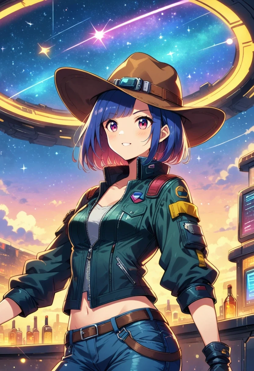 Cyberpunk Cowgirl in Interstellar Tavern,Wearing a stylish cowboy hat,Futuristic starry sky background,Alien Technology,Mechanical Cowboy,
