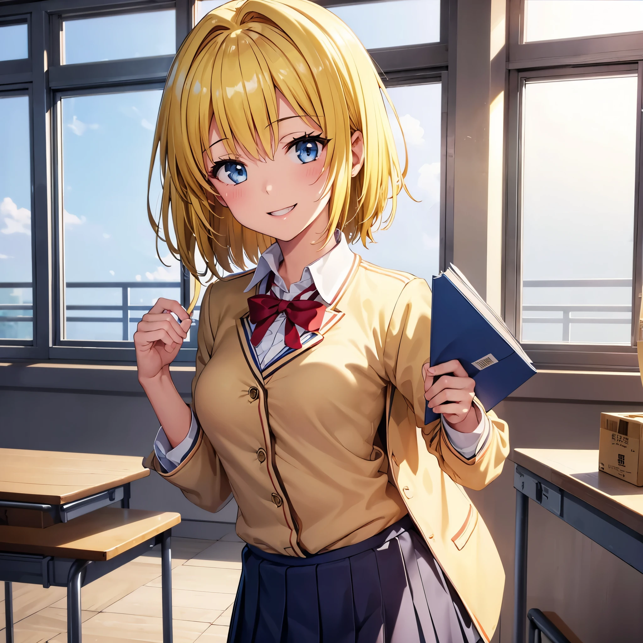 (best quality,masterpiece:1.1), (((1 girl))), absurdres,highres,16k, ultra high res, official art,illustration,extremely detailed, japanese girl, , amazing beauty, beautiful detailed eyes, blue eyes, dip-dye hair, (((short hair, blonde hair))), ultra detailed hair, graceful, (((smiling))), (delicate), small breasts, ((classroom)) (pov), (upper body), ((school uniform, blazer)), (shirt lift), (show off bra)