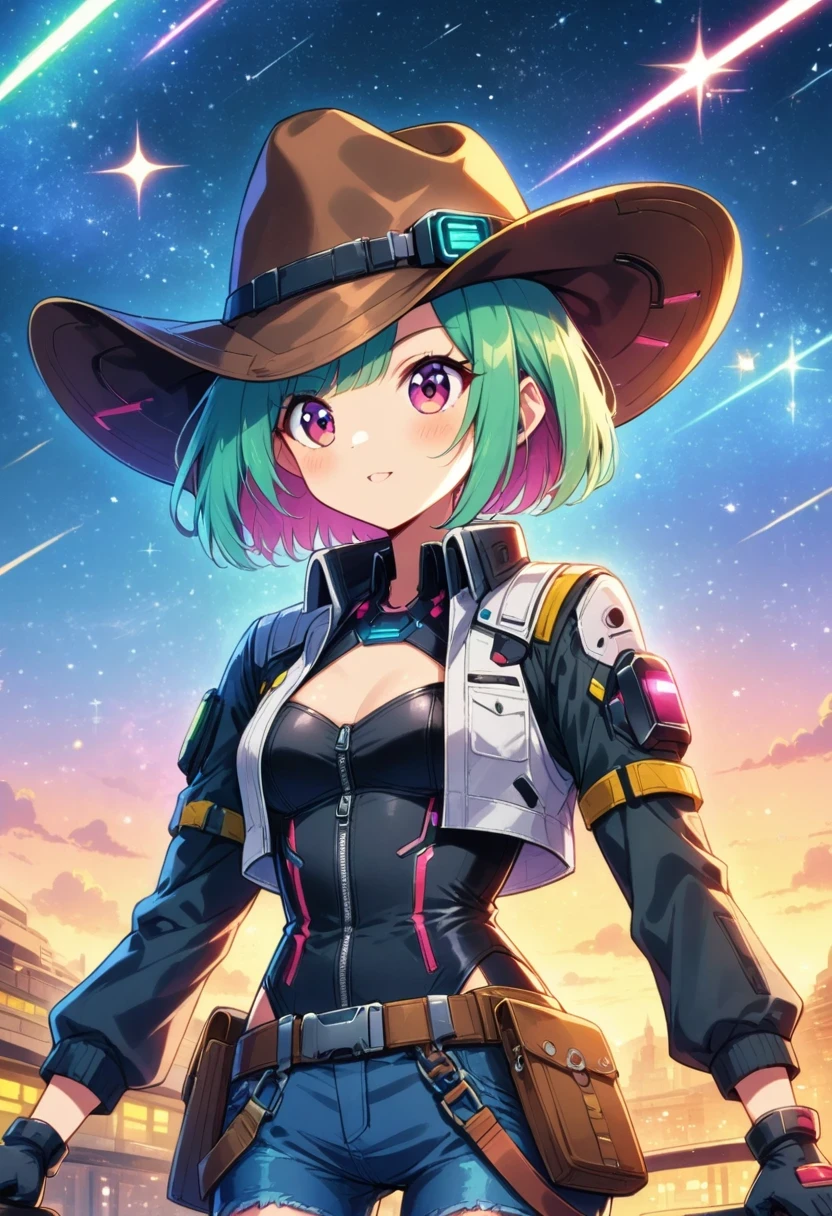 Cyberpunk Cowgirl in Interstellar Tavern,Wearing a stylish cowboy hat,Futuristic starry sky background,Alien Technology,Mechanical Cowboy,