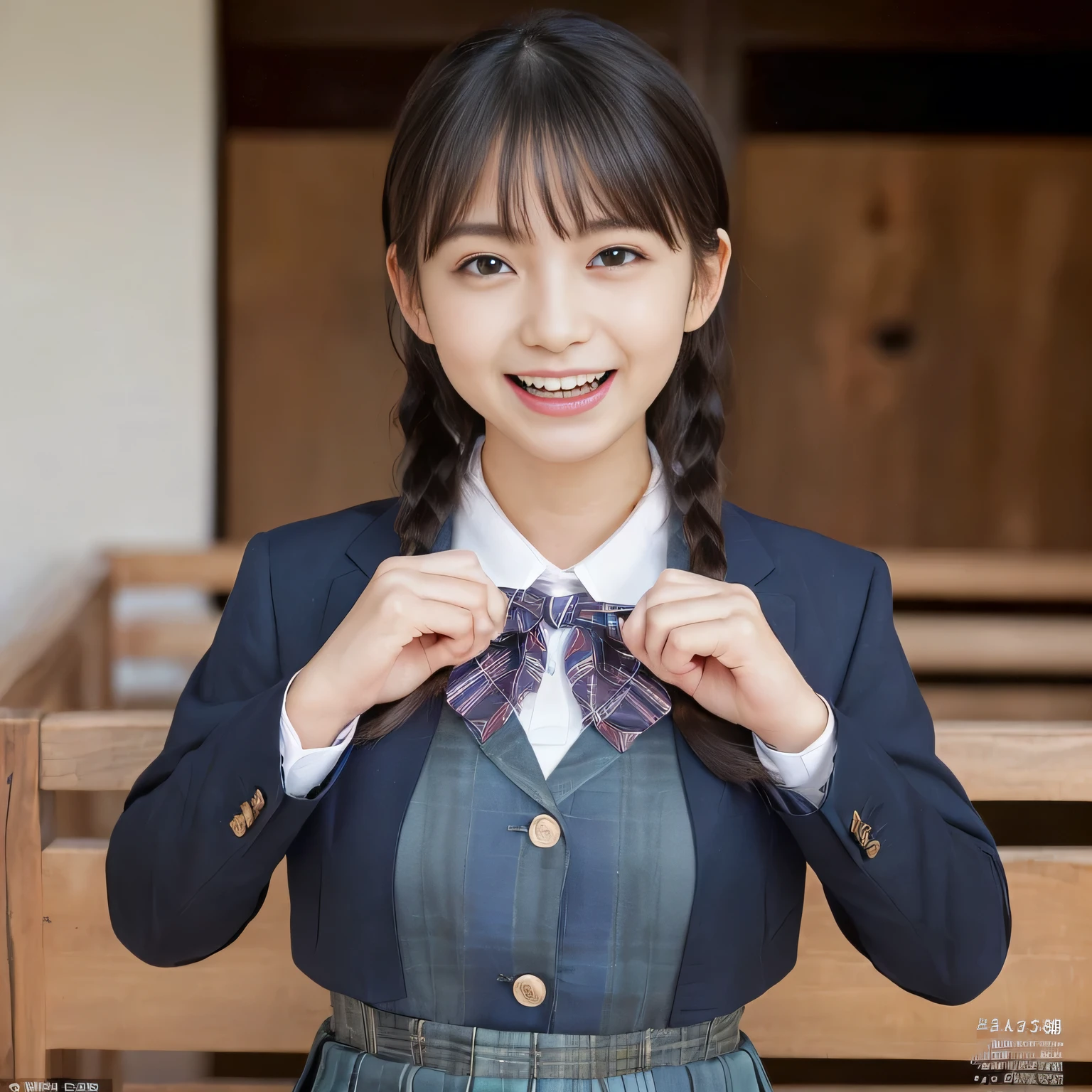 (highest quality、masterpiece:1.2)、highest quality、Realistic、photograph、High resolution、1080p、8K、The face is especially pale., Physical Rendering、((Height: 155cm)), one Japanese girl、((((((Siren, a 15-year-old beautiful Japanese magazine fashion model, is trying to grab the viewer with both hands and play a prank on him.)))))), Beautiful fashion model wearing , (((big very detailed beautiful dark brown eyes))), ((blue girly large wine-red glossy polyester Japanese school ribbon bow tie)), (((black very beautiful and very very long braids hair))), ((((deep blue colored tartan checkered formal long pleated blue pleated skirt)))), ((A unpatterned formal dark blue blazer in solid that is slightly oversized and has an emblem on the left chest.)), (((((((laughing at me!))))))), Mouth open, The large blazer and skirt are very cute., detailed fingers, Slender body, ((curled bangs)), so beautiful, ((Very large and very very very cute eyes of a Japanese girl, drawn with great care and attention to detail.)), double eyelids, Thin eyebrows, ((drooping eyes)), (((very long eyelashes))), ((cute lovely lovely laughing laughing cheeks)), ((Pure white light hits her face from above and in the front, making her skin and eyes shine beautifully.)), ((Strong light hits the nose and cheeks、It brings out the richness of the expression.)), (((((She has a rich expression, a pure and very cute face, and a very intelligent face.)))))