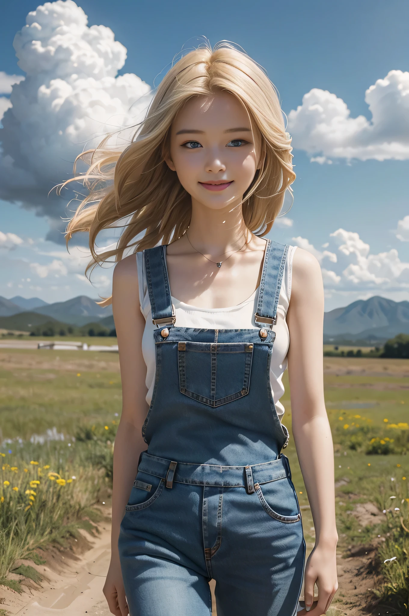 highest quality, Ultra-high resolution, masterpiece, Photorealistic: 1.8), pore, Accuracy, prairie、ranch, horse、 High and wide, White clouds overhead, sky, face is in the center of the screen, denim overalls, Sleeveless shirt、Small breasts, pale light, young woman, 17 years old、Blonde、Blue Eyes、Tie your hair back, smile, Laugh happily、hold pitchfork in hand、Open your mouth、White teeth、glimpse of the chest, Detailed Description, cute,