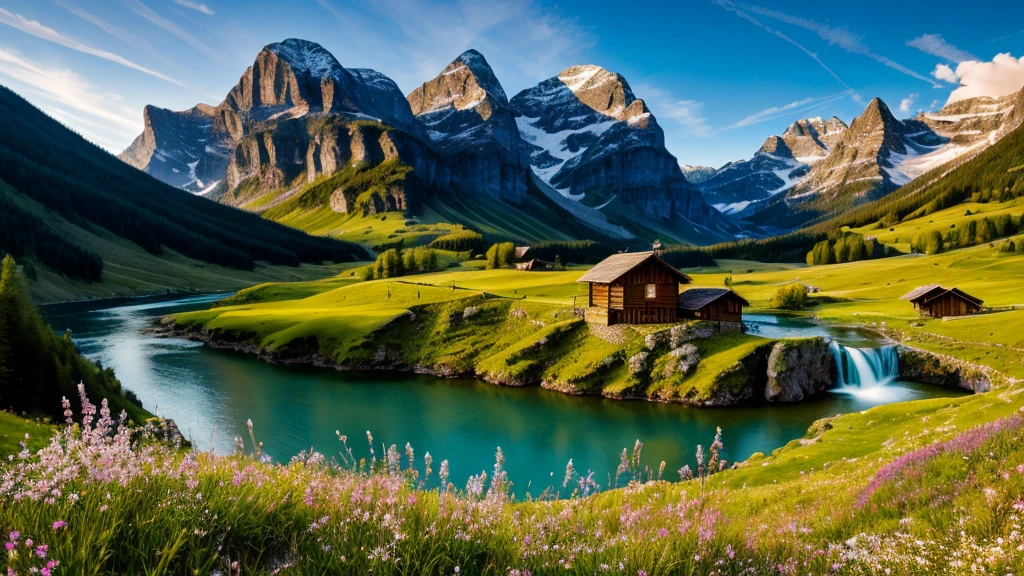 amazing, masterpiece, detailed, super detailed, clear, breathtaking, work of art, realistic, realistic, cozy, highest quality , 8K, sharp, HDR, UHD , art photography art, cinema style, best quality, majestic mountains, a wooden house in the mountains, grasslands, majestic waterfalls, rivers, morning dew drops, dawn light, budding small flowers bloom, gentle breeze