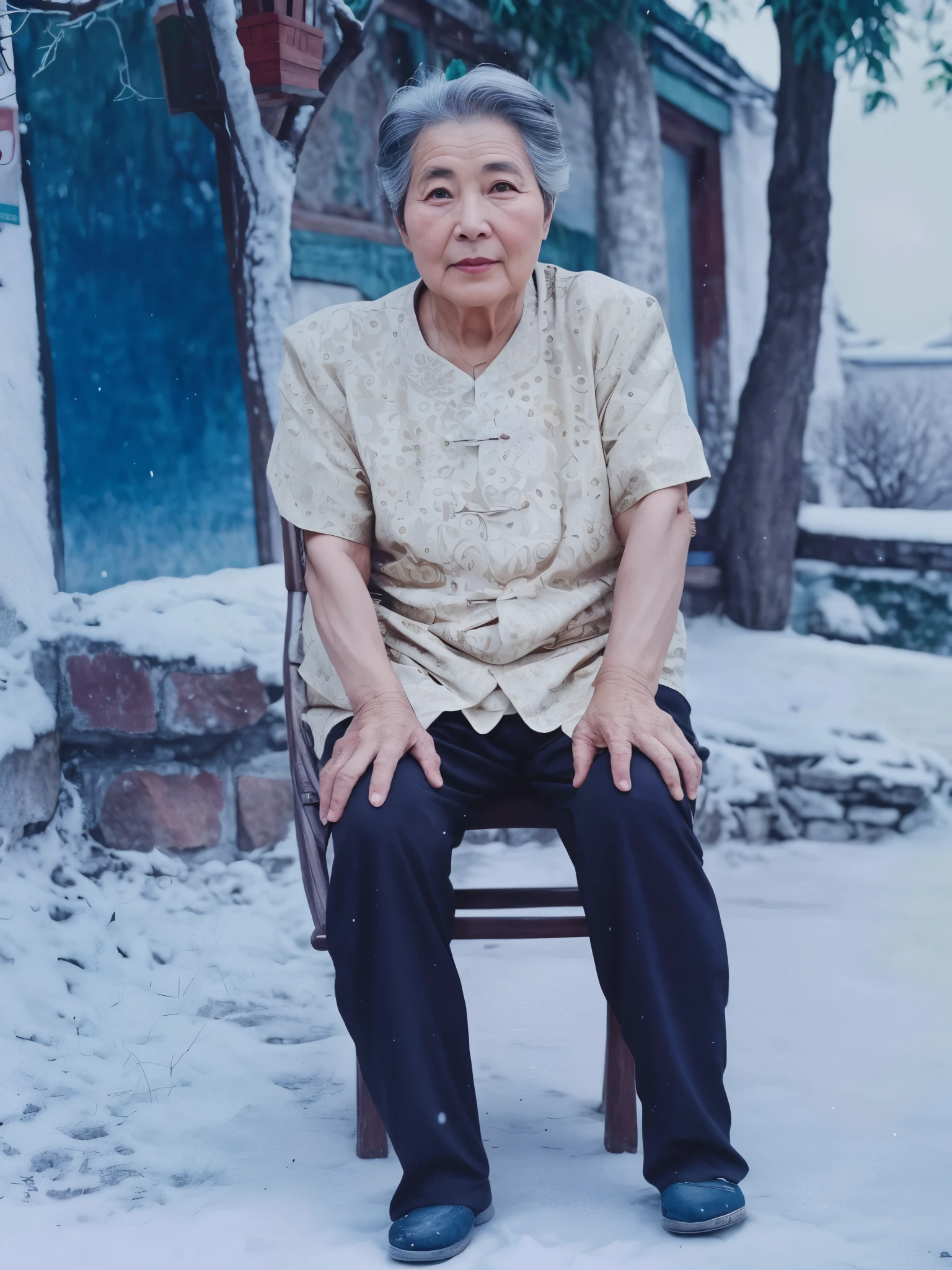 There is a man sitting on a chair in front of a tree, Inspired by Liu Jue, Inspired by Li Keran, qiu fang, She is about 70 years old, xue han, bo xun ling, pengzhen zhang, Photo of a woman, Inspired by Hu Jieqing, inspired by Zhang Zongcang, song nan li