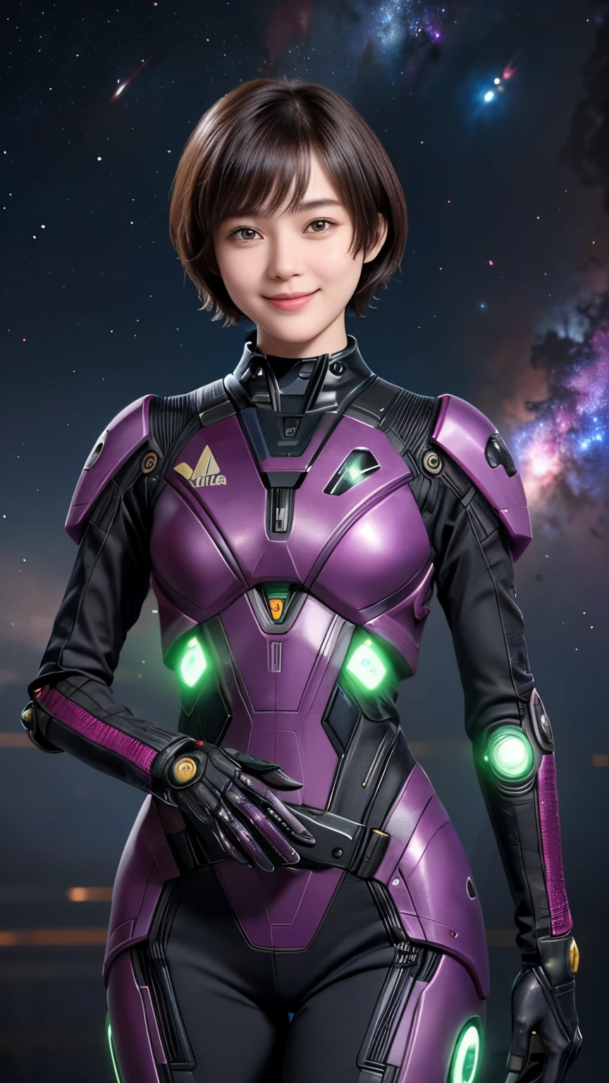 210 Short Hair, 20-year-old woman, Floral, A kind smile, Futuristic clothing, Mechanical Suit, (The background is a galaxy and nebula), (Big goggles)