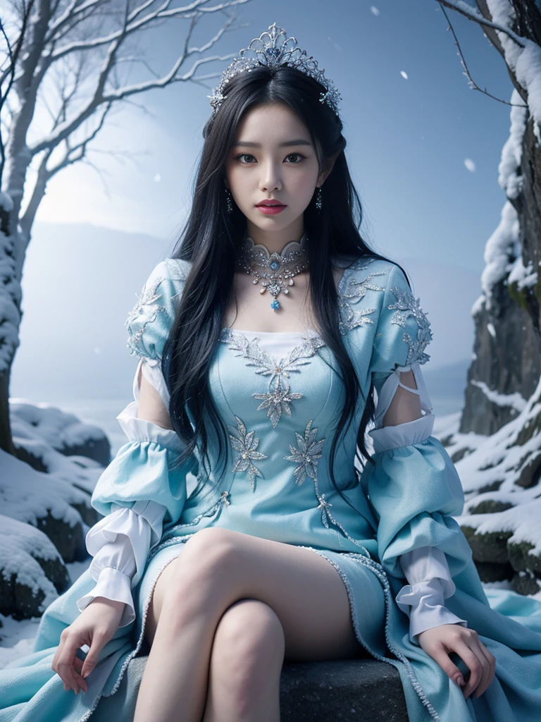 There was a woman in a orange dress，Wearing a necklace,((a beautiful fantasy empress).inspired by Sim Sa-jeong，Azure.detailed hairs,winter snow falling princess,LCE Princess,Guvez-Steville artwork,8K)),fantasy aesthetic!.Guviz,Ice Queen,8k high-quality detailed art.sitting.