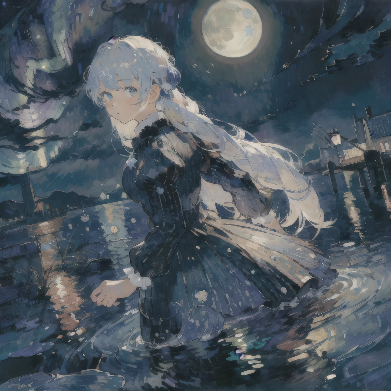 (One girl:1.5),Cute girl with white hair,Van Gogh,Impressionism,star,moonlight,moon,night,Ocean,water,Close-up,rich gradation,Extreme colors,Extreme Detail,Clear light perception,port,Van Gogh&#39;s Starmoonnight:background,Lonely,Long Hair,Aurora,cool