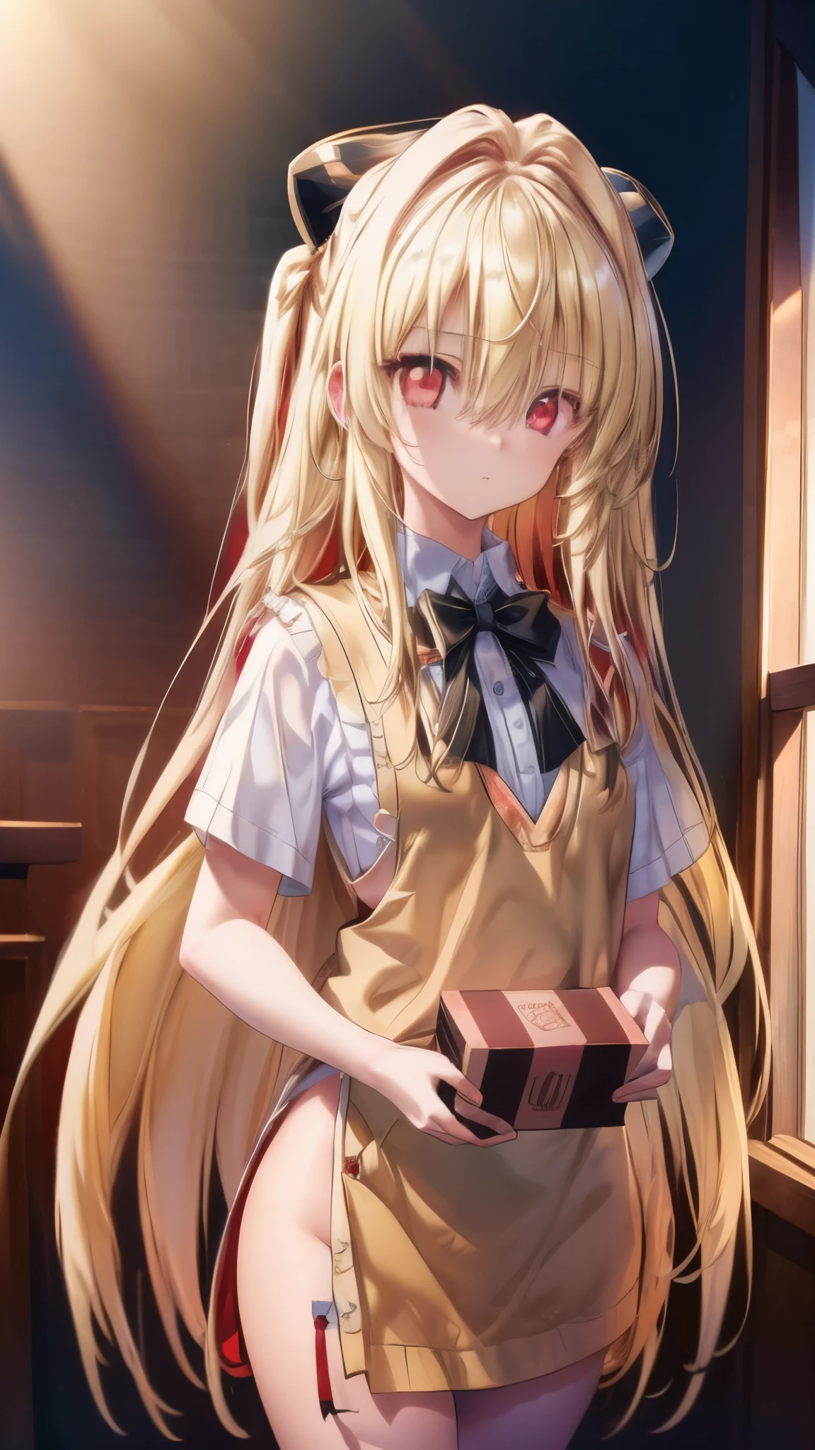 toloverumy, my, Blonde Hair, Long Hair, (Red eyes:1.5), hair ornaments, (Small box:1.2), break lingerie, break indoors, bed, break looking at viewer, break (masterpiece:1.2), highest quality, High resolution, unity 8k wallpaper, (figure:0.8), (Detailed and beautiful eyes:1.6), Highly detailed face, Perfect lighting, Extremely detailed CG, (Perfect hands, Perfect Anatomy),