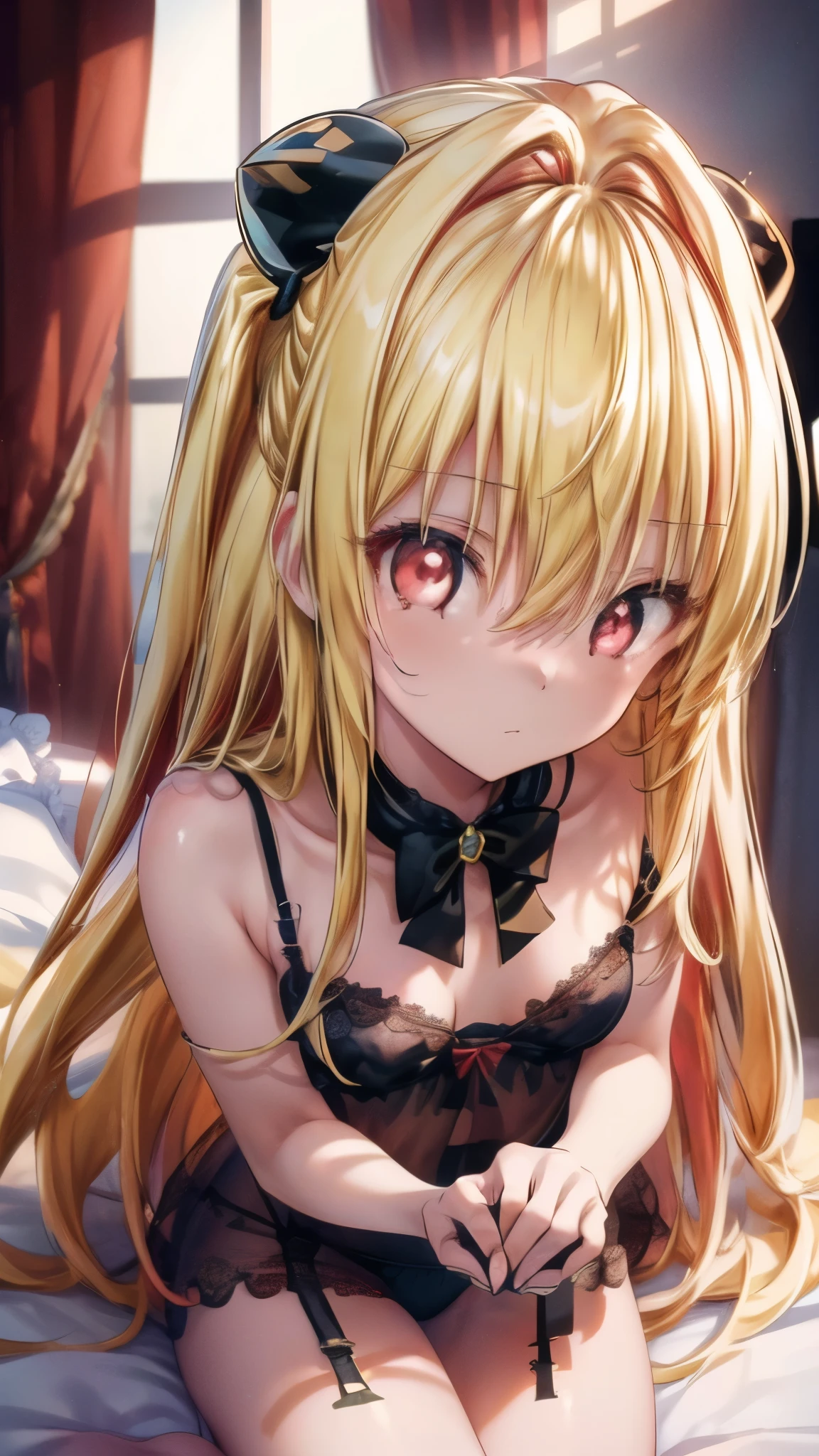 NSFW,masterpiece,Highest quality,High resolution,Very detailed,Golden Darkness\(To Love-Ru\),Blonde,Red eyes,long hair,Two Side Up,Small breasts,hair ornaments,Off-the-shoulder shirt,Frills,mini skirt,(High-quality lingerie),(Ecstasy face),blush,Shopping mall,Lingerie Shop,(Having sex),insert,Creampie,Trembling,Drooling,(Middle-aged men)