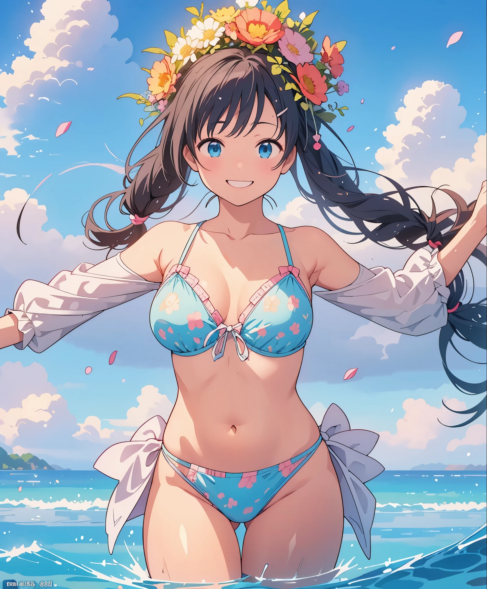 (masterpiece、highest quality、highest quality、Official Art、Beautiful and beautiful:1.2)、(One girl:1.3)Hatsune Miku、Twin tails,Big Breasts,Photorealistic、Doll standing in front of the painting、Swimwear、Smiling Face、Water drops on cheeks、Take an outstretched pose、Sengai、pixiv、Rococo、dollfie dream、水彩Nendoroid、(High Resolution Figure)、Flowing iridescent silk、Nendoroid、Close-up of face、There are also flowers in front of the Nendoroidorning glory petals、season!!: 夏☀ 🍂 朝顔