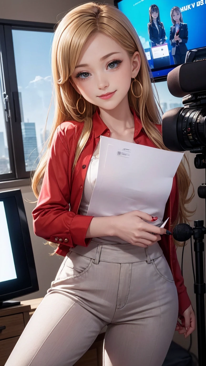 ((最high quality, 8K, masterpiece: 1.3, Ultra HD, high quality, 最high quality, High resolution, realism)) 、25-year-old Caucasian female、blue eyes、long hair、smile、slender、slenderだがアスリートのような細マッチョ、I want my head to stay off screen、Wear accessories on your wrist、Wearing red nail polish、I have a peticure、aerial perspective((atmospheric perspective))、smile((smiley))、background blur((depth of field)、crystal earrings((crystal earrings))、Dark Blonde、Hime cut((hime cut))、Wear a pantsuit、TV Reporter、In front of the TV camera、Skyscraper background、have a microphone、Holding a document in one hand
