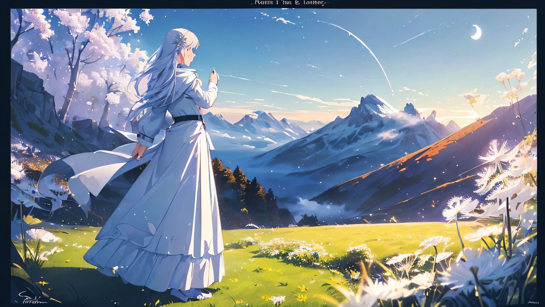 ((best quality)), ((masterpiece)), ((ultra-detailed)), (illustration), (detailed light), (an extremely delicate and beautiful),((trim)), incredibly_absurdres,(ray tracing),(Autumn),(glowing light), (signature),(English text:1.5),((moon)),((beautiful sky)),(scenery),((mountain)),(cloud),((nature)),(grass),((fog)),(pine),(flower),(dandelion), (((border))),((trim)), ((solo:1.8)),(1girl),(a beautiful girl),(((full body shot))),((standding)),(facing away),(+perfect hand+:1.21),(((white coat))),((beautiful white dress)),((Belts)),((white hat)),(white scarf),(leg loops),(((long blackpurple_hair))), (signature),(English text:1.5),((moon)),((beautiful sky)),(scenery),((mountain)),(cloud),((nature)),(grass),((fog)),(pine),(flower),(dandelion), (((border))),((trim))