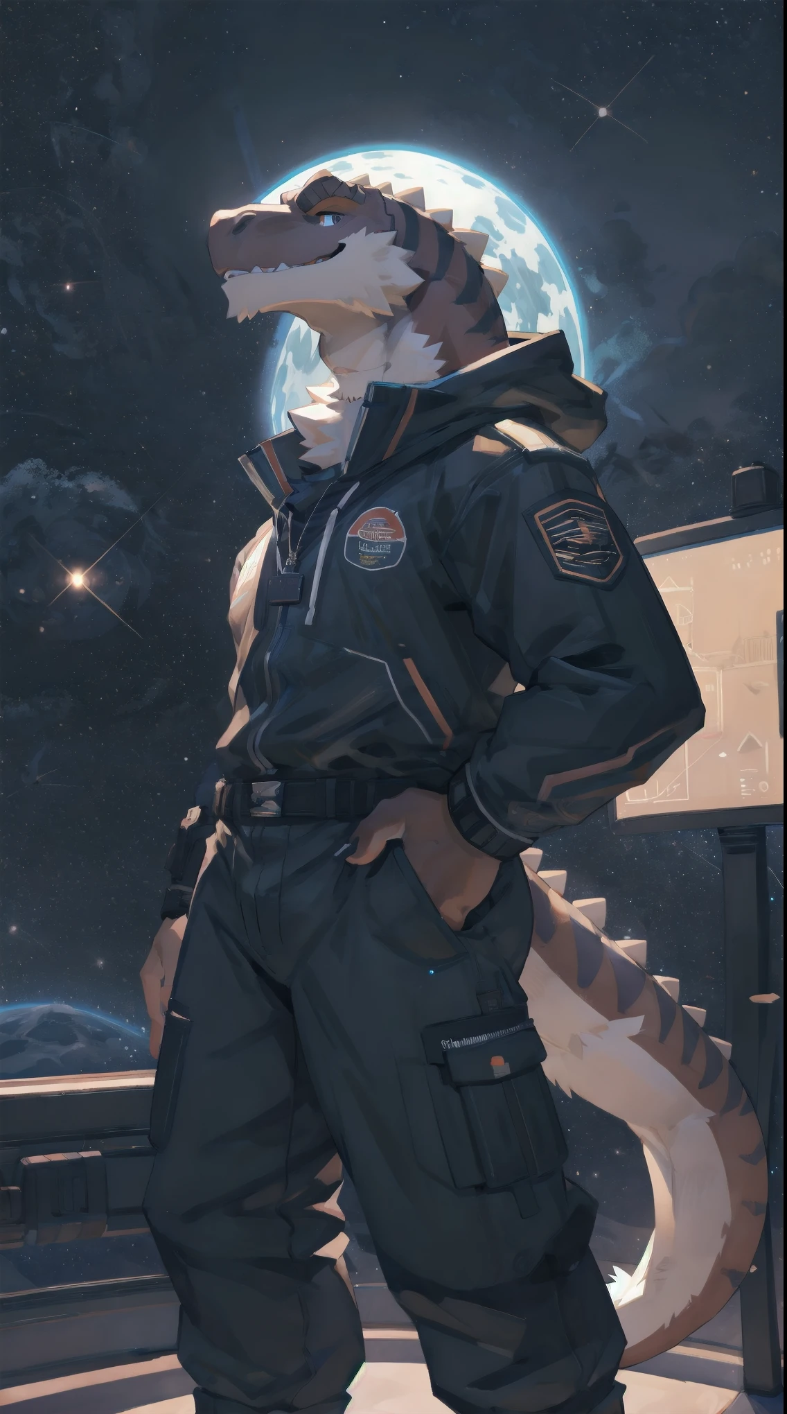 Solo, male, hands on hips, pulling pants down, by bigcozyorca, by goonie-san, by bebebebebe, by spikedmauler, facing viewer, black, black tyrannosaurus, bushy tail, buff, spacesuit, space observation deck background, open mouth, detailed mouth, tongue hanging out, drooling, smirking, seductive smile, lustful grin,