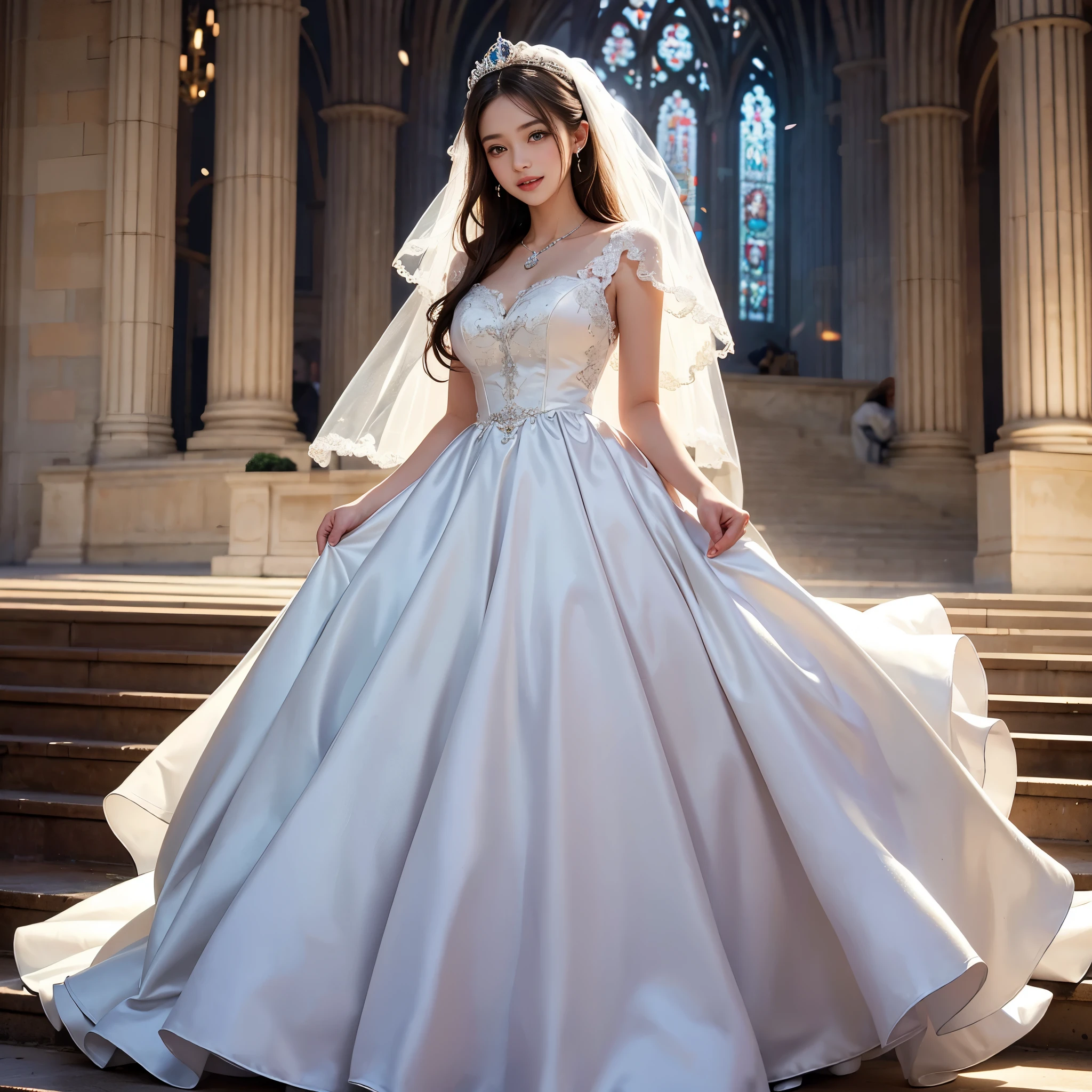 best quality, masterpiece, 1 girl, huge laugh, cute teen, shiny lips, sweet, sun glare, Conservative attire, wedding dress, Bridal tiara, depth of field, blurred background, Cathedral Background, light particles, strong wind, long hair, head tilt