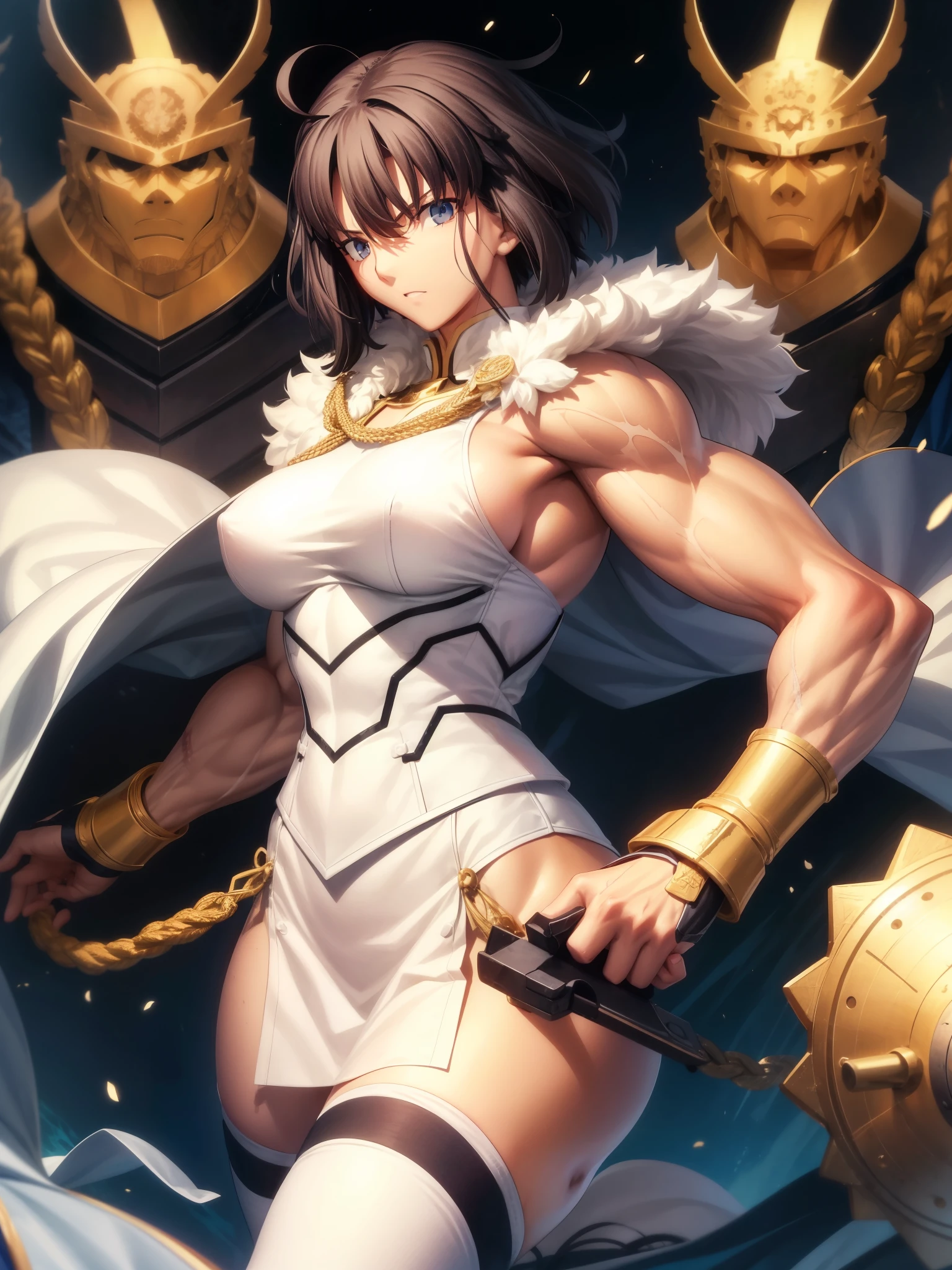 Japan Ground Self-Defense Force、White military uniform、Black、（（（muscle pain）））、（（（muscular big breasted mature woman）））、Gold ornaments、scars all over the body、scars all over the body、