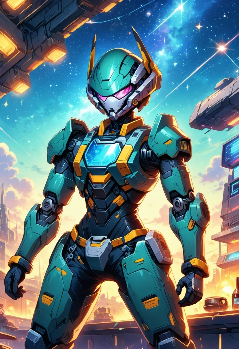Cyberpunk cowboy in interstellar tavern,Futuristic starry sky background,Alien Technology,Mechanical Cowboy