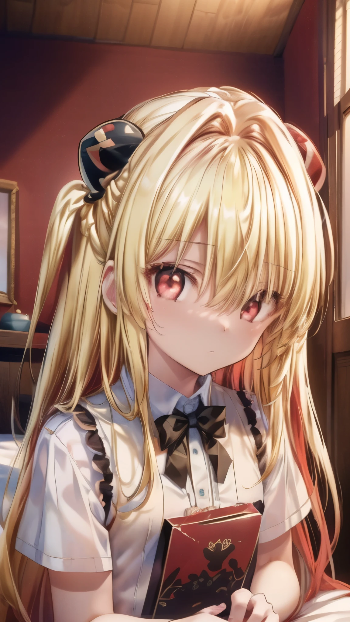 toloverumy, my, Blonde Hair, Long Hair, (Red eyes:1.5), hair ornaments, (Small box:1.2), break lingerie, break indoors, bed, break looking at viewer, break (masterpiece:1.2), highest quality, High resolution, unity 8k wallpaper, (figure:0.8), (Detailed and beautiful eyes:1.6), Highly detailed face, Perfect lighting, Extremely detailed CG, (Perfect hands, Perfect Anatomy),