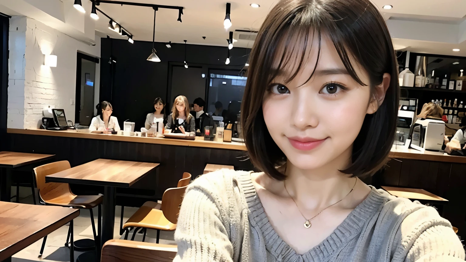 (最high quality、8k、32k、masterpiece:1.2)、A photo of a female college student who looks like a cute model、Normal breasts、Short Bob Hair、Upper Body、Face Focus、Extra Large_sweater、necklace、Looking at the audience、background a trendy coffee shop with a unique aesthetic and atmosphere. Incorporate elements like modern furniture, artistic decoration, and ambient lighting to enhance the ambiance. People who enjoy drinks々Consider including, engaging in conversation, or quietly working on laptops. Let your creativity flow、In this chic café setting「StableDiffusion」Let the idea come to life, I can see other customers enjoying themselves too..。Inside the cafe、The staff are busy working at the counter..、Feel the vibrancy and warmth of an urban café..., Sharp focus, 1 girl, sexy 1.2, brown hair, With bangs, Beautiful Eyes, 切れ長のBeautiful Eyes, double eyelid, (cat face), (cute Face), cute Smile, (Shut your mouth.), (cute), Soft Skin, Surreal, Very detailed, high quality, (Beautiful female college student with short hair studying in a cafe), ((Detailed very cute college girl),