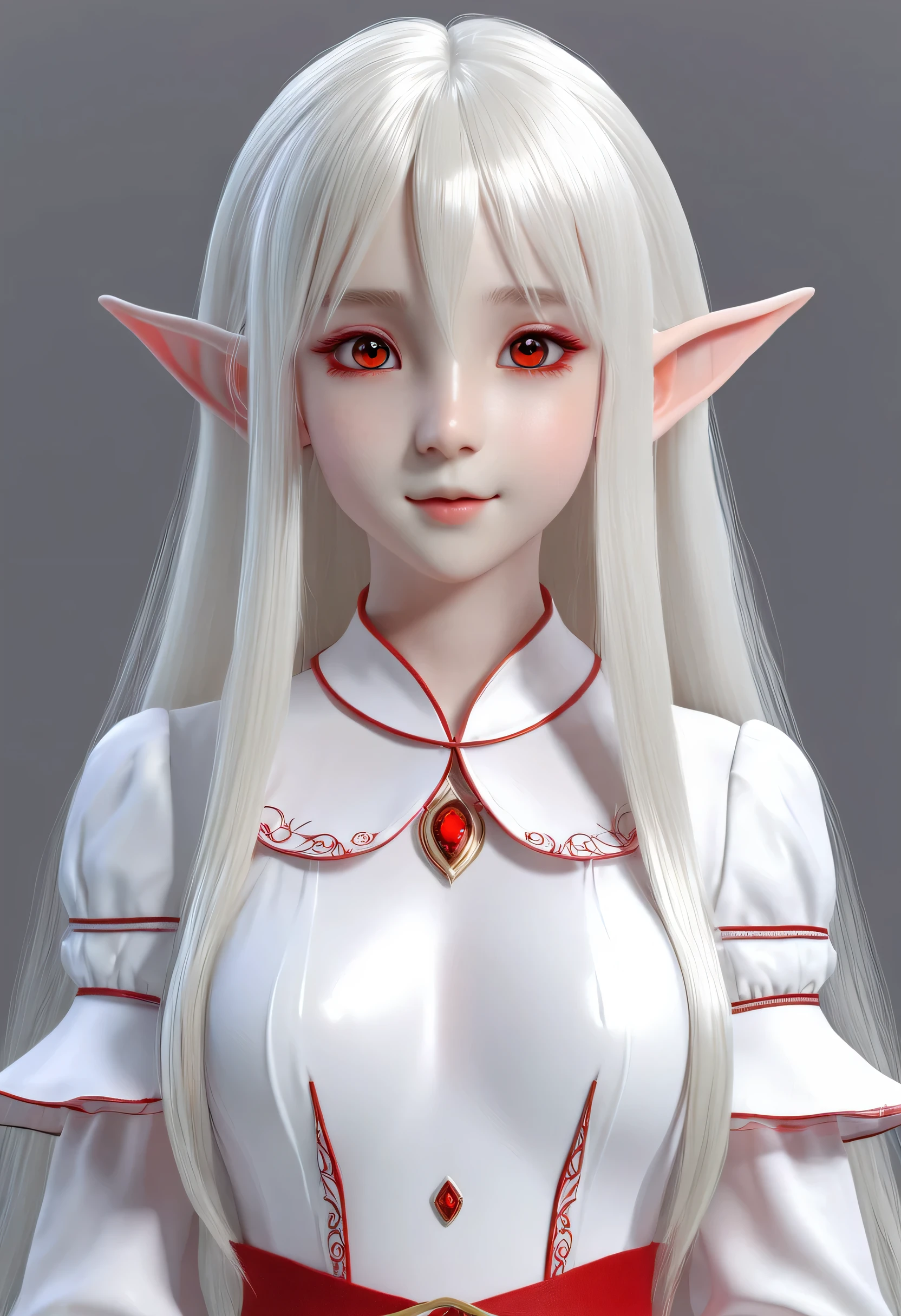10 year old girl，Milky white long hair，Red Eyes，Breasts bigger than her face，((3D anime style))，Elf，translucent clothes，