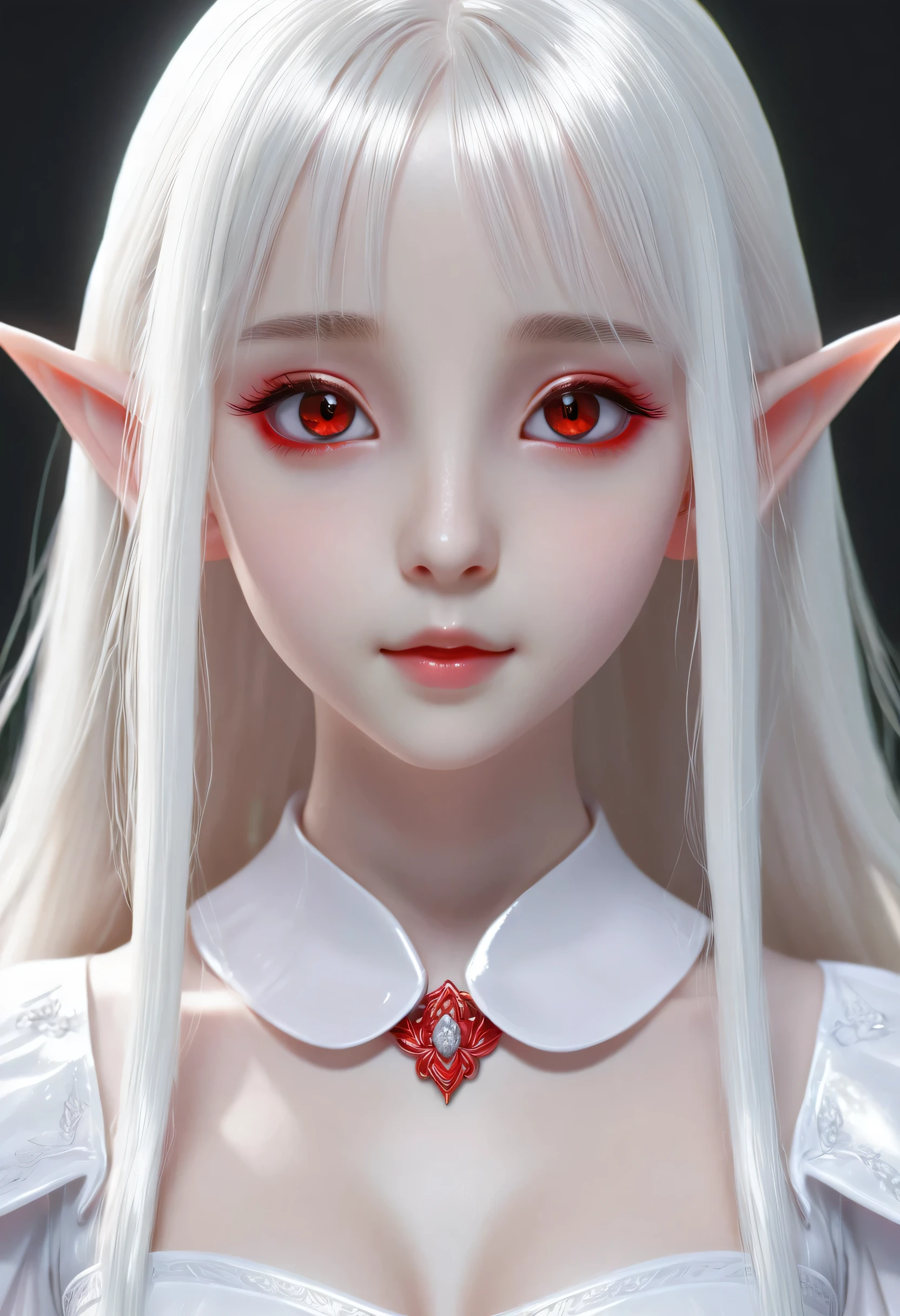 10 year old girl，Milky white long hair，Red Eyes，Breasts bigger than her face，((3D anime style))，Elf，translucent clothes，